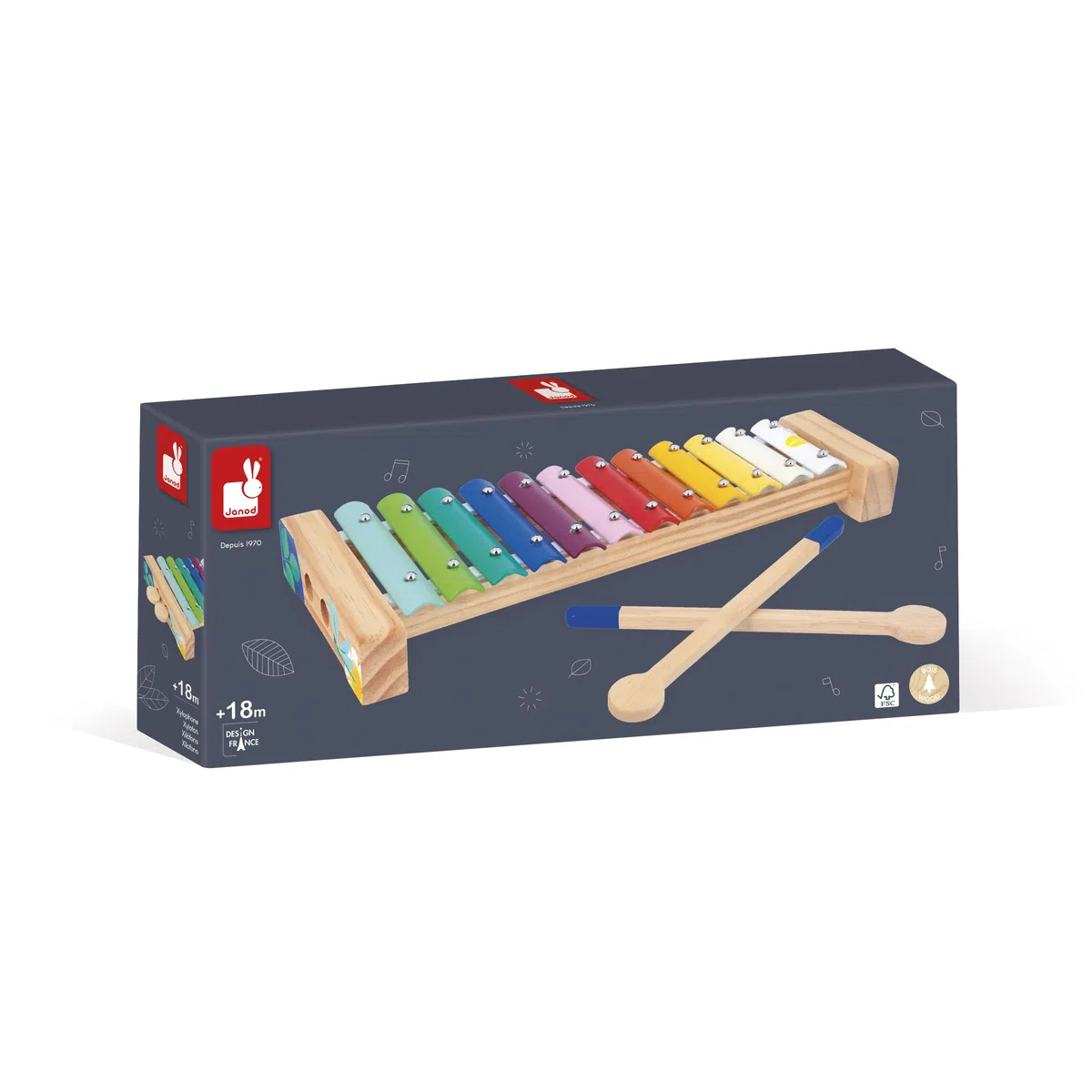 Janod Xilofono in Legno e Metallo, Strumento Musicale per Bambini, 12 Tasti e 2 Bacchette Incluse, Imitazione Musicale, Colori ad Acqua, da 18 Mesi, J07663