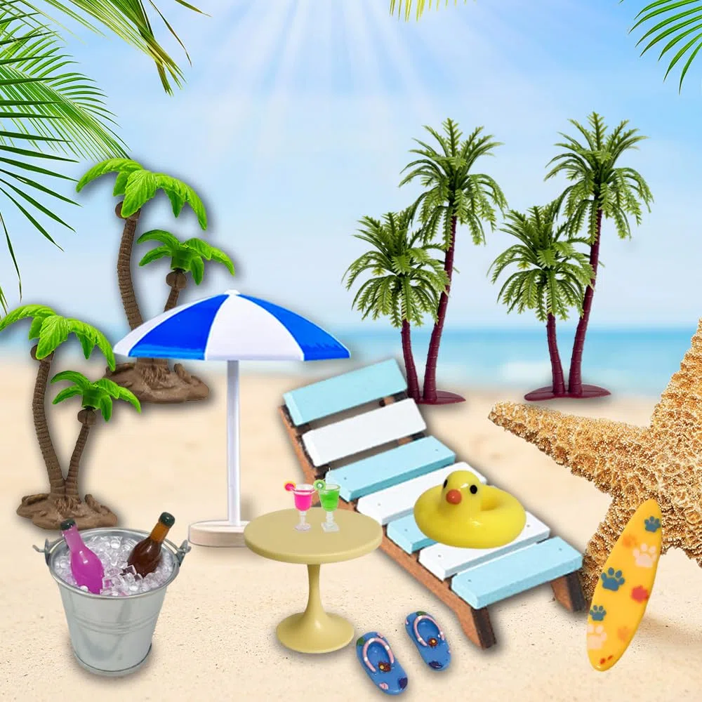 Golgner 11 pcs aaccessori decorativi in miniatura per sauna, set di ornamenti in miniatura, micro paesaggio da spiaggia, con mini sedia a sdraio, albero di cocco, per DIY della casa delle bambole