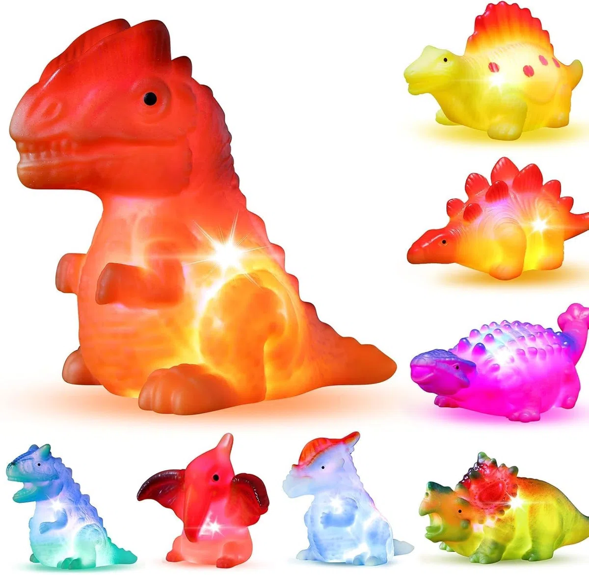 Set da 8 Giocattoli da Bagno Dinosauro Luminosi Senza Fori, con Luci Lampeggianti che Cambiano Colore in Acqua, Giocattoli Galleggianti per Vasca da Bagno/Piscina Dinosauro per Neonati, Bambini Piccol