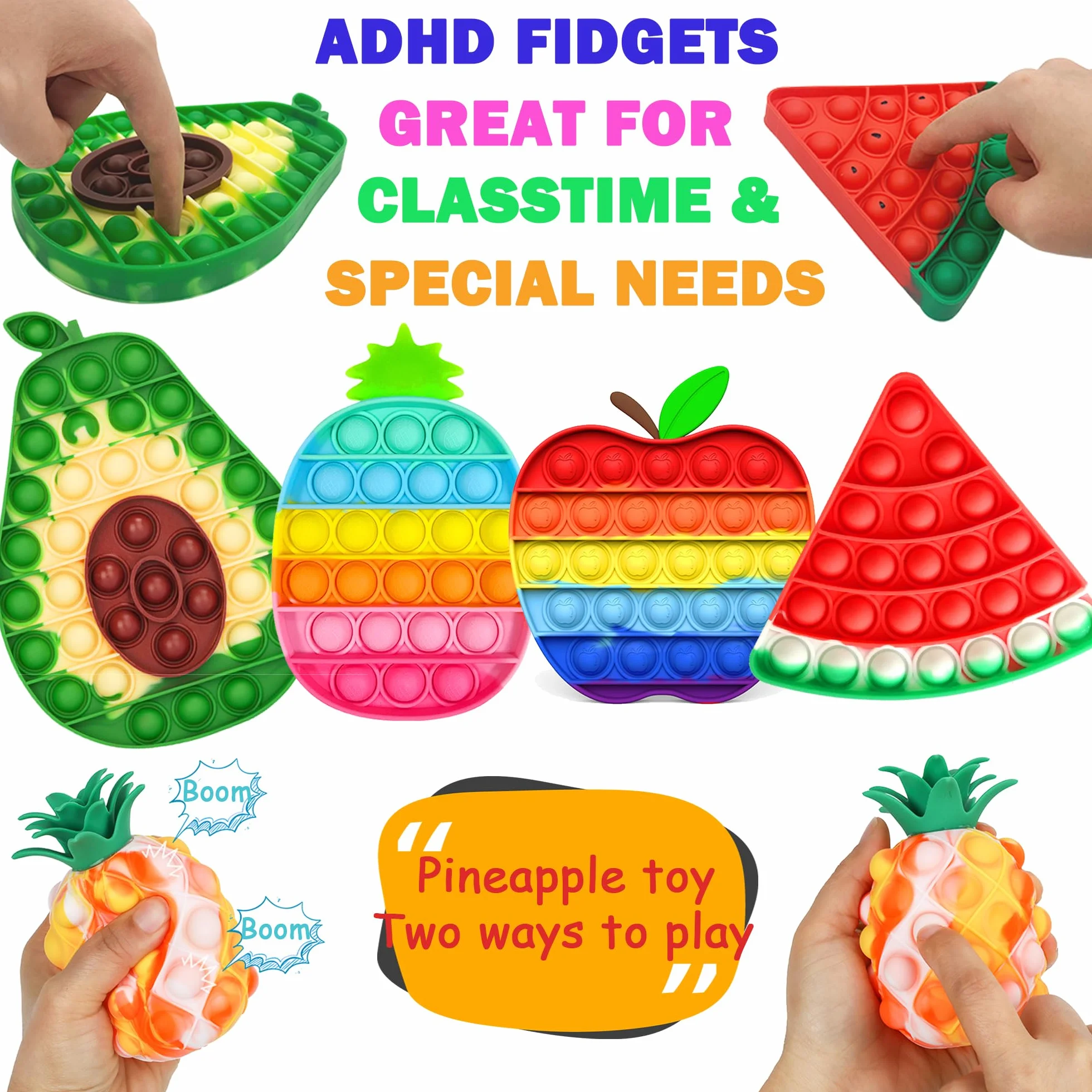 Chennyfun Fidget Toy Set, 62 Pezzi Fidget Toys Pack,Anguria Mela Kiwi Fidget Toys Set Giochi Sensoriali Anti Ansia e Stress è Adatta per Adulti e Bambini, può Essere Usata Come Regali per Feste