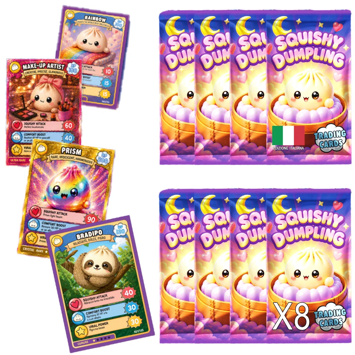 Squishy Dumpling 8 Pacchetti di Card, 40 Figurine Ufficiali Carte Collezionabili