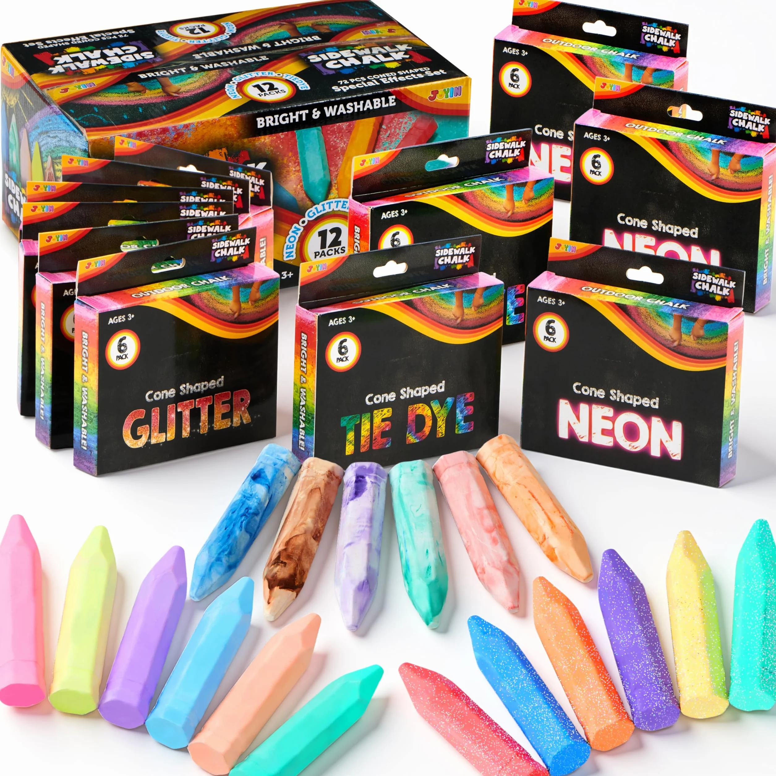 JOYIN 72 PCS Set di gessetti lavabili per marciapiedi in 12 confezioni, 18 colori, inclusi 12 tie-dye, 12 glitter e 12 colori neon, materiale scolastico, aula, all'aperto, regalo per bambini
