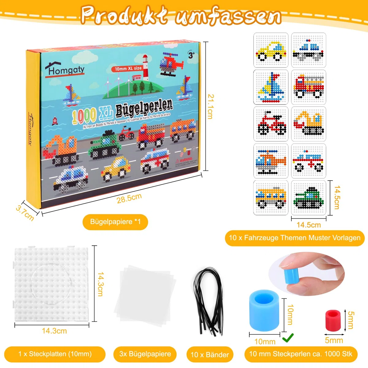 Homgaty Perline da Stirare 10 mm, Oltre 1000PZ con Piastre e Accessori, Grandi Perle per Bambini, Set Creativo Fai da te con Tanti Modelli, Ideale dai 3 Anni in Su (Trasporti)