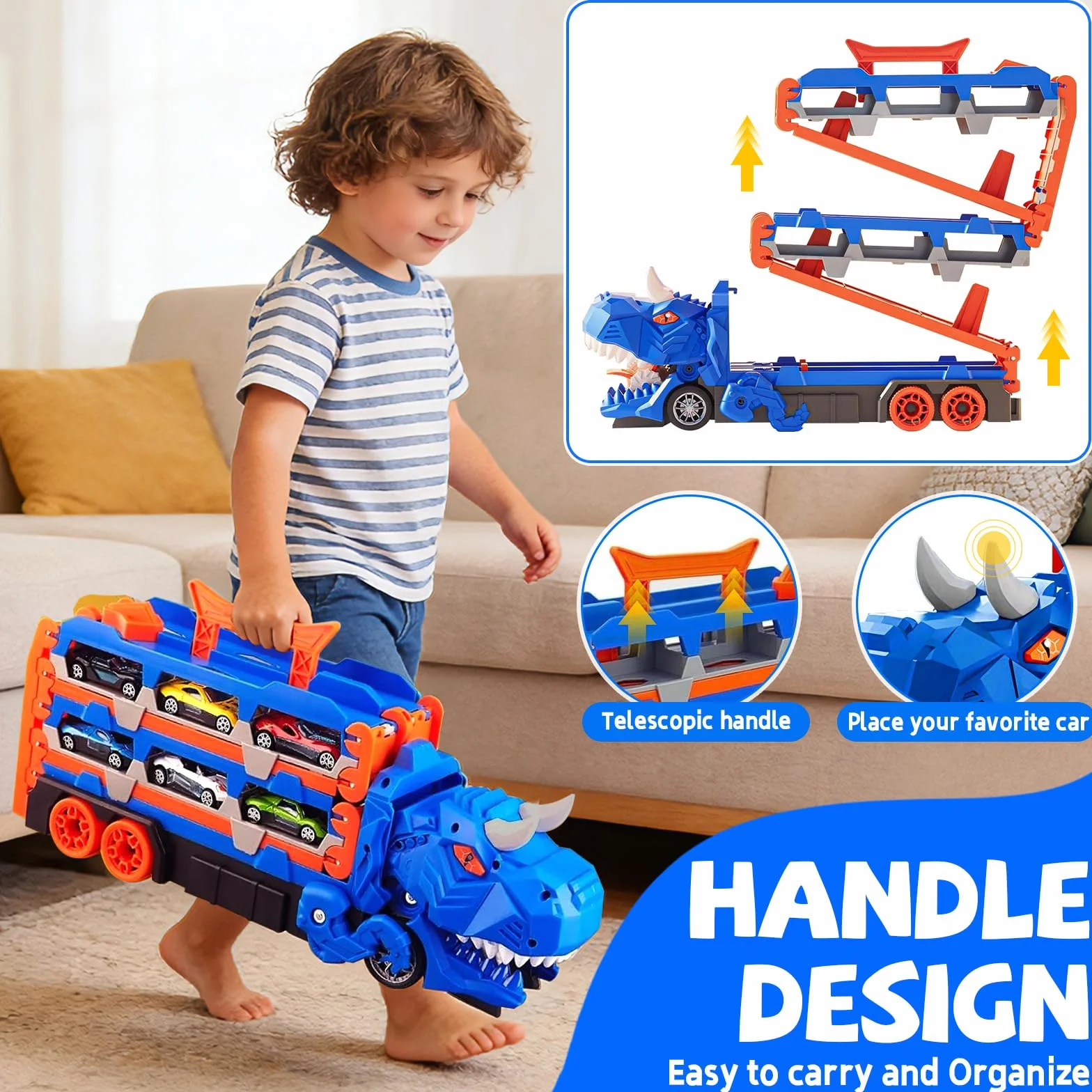 Camion dei Trasporti Dinosauro Giocattolo per Bambini, Giocattolo 3 in 1 con Pista Piegevole e Lanciatore, Camion Portatile con 12 Auto da Corsa, Regalo per Bambini di 3 4 5 6 7 8 Anni
