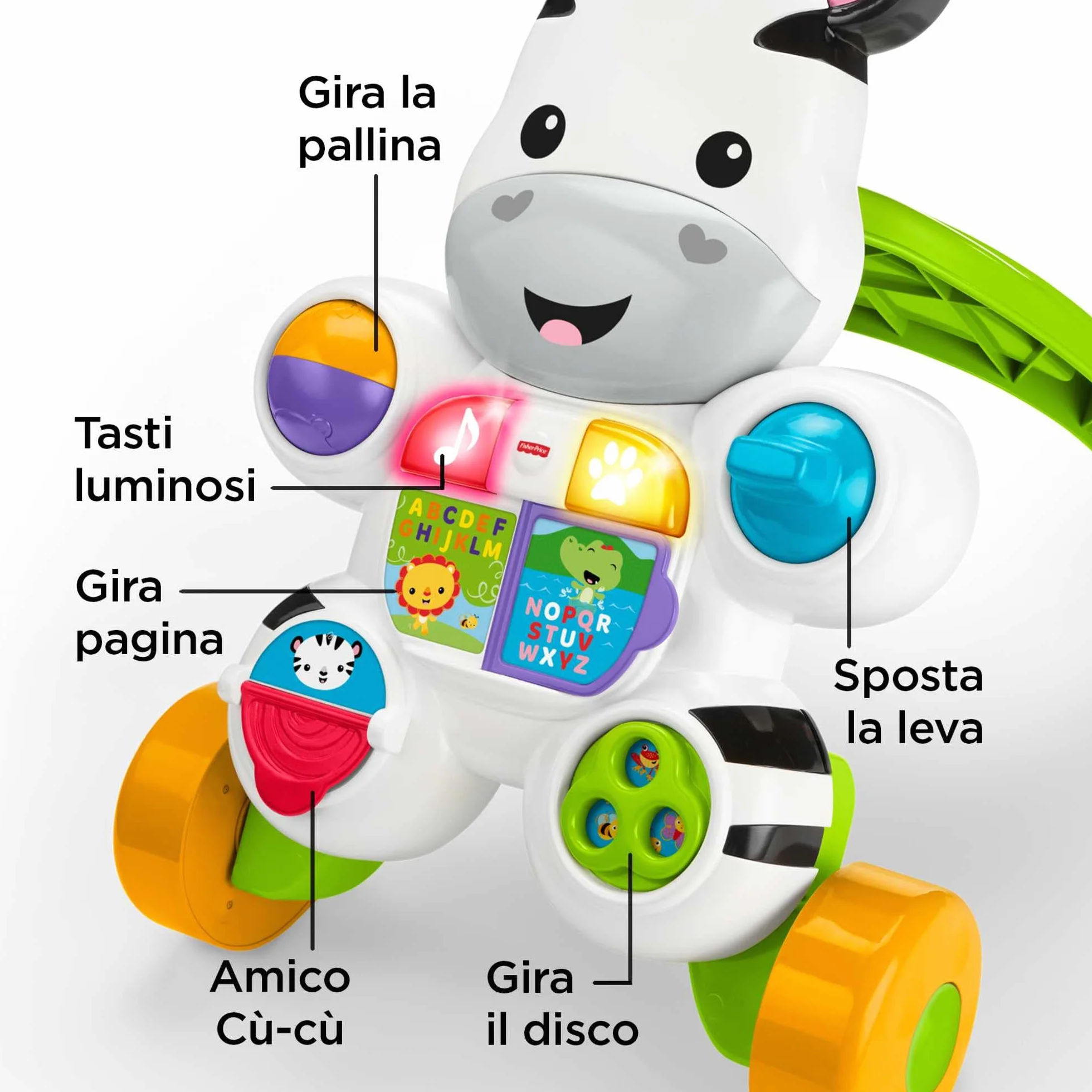 Fisher-Price Zebra Primi Passi Spingibile, Giocattolo Elettronico Educativo con Musica e Suoni, per Camminare, per Bambini di 6+ Mesi, Italiano Imballaggio Sostenibile, HBB66