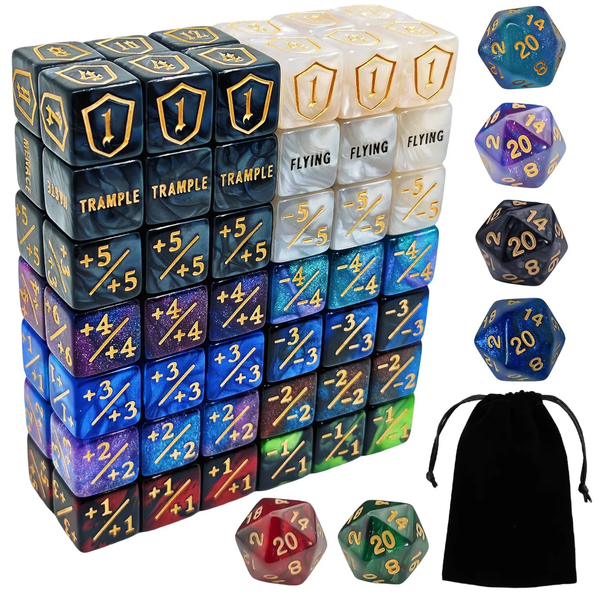 90 PCS MTG Contatori di Dadi - Contatore di Parole Abilità, -1/+1 Life Counter, Shield Life Counter Dice, Marble Colour D6 Dice Dice, per MTG, Giochi di Carte