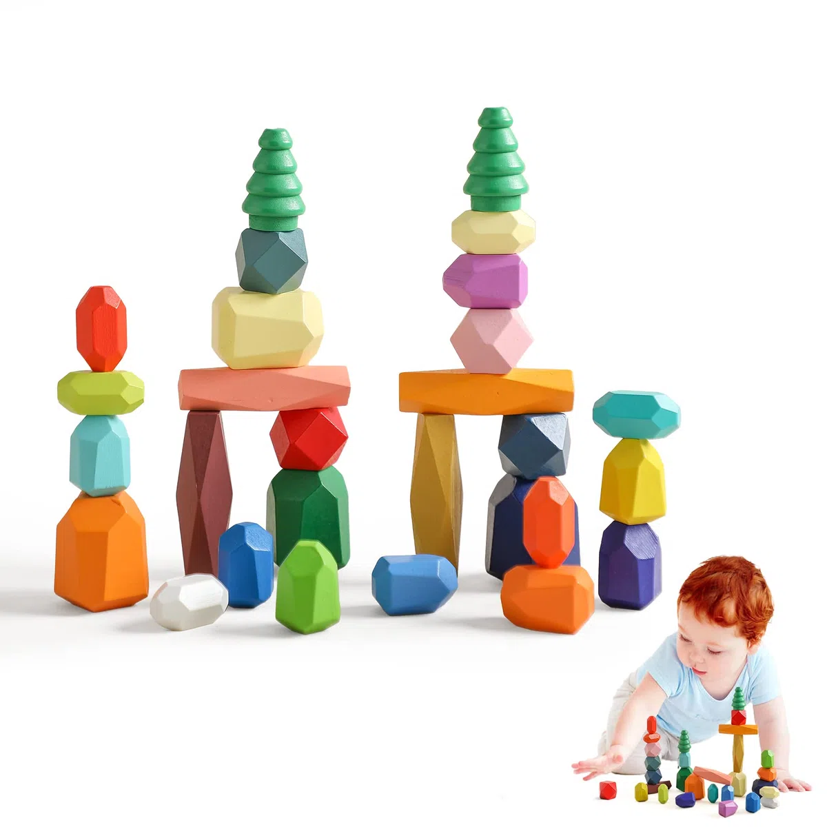 Montessori Giocattoli in Legno per Bambini - 28 PCS Alberi della Foresta, Pietre Bilanciamento e Costruzione - Giocattoli Impilamento e Ordinamento
