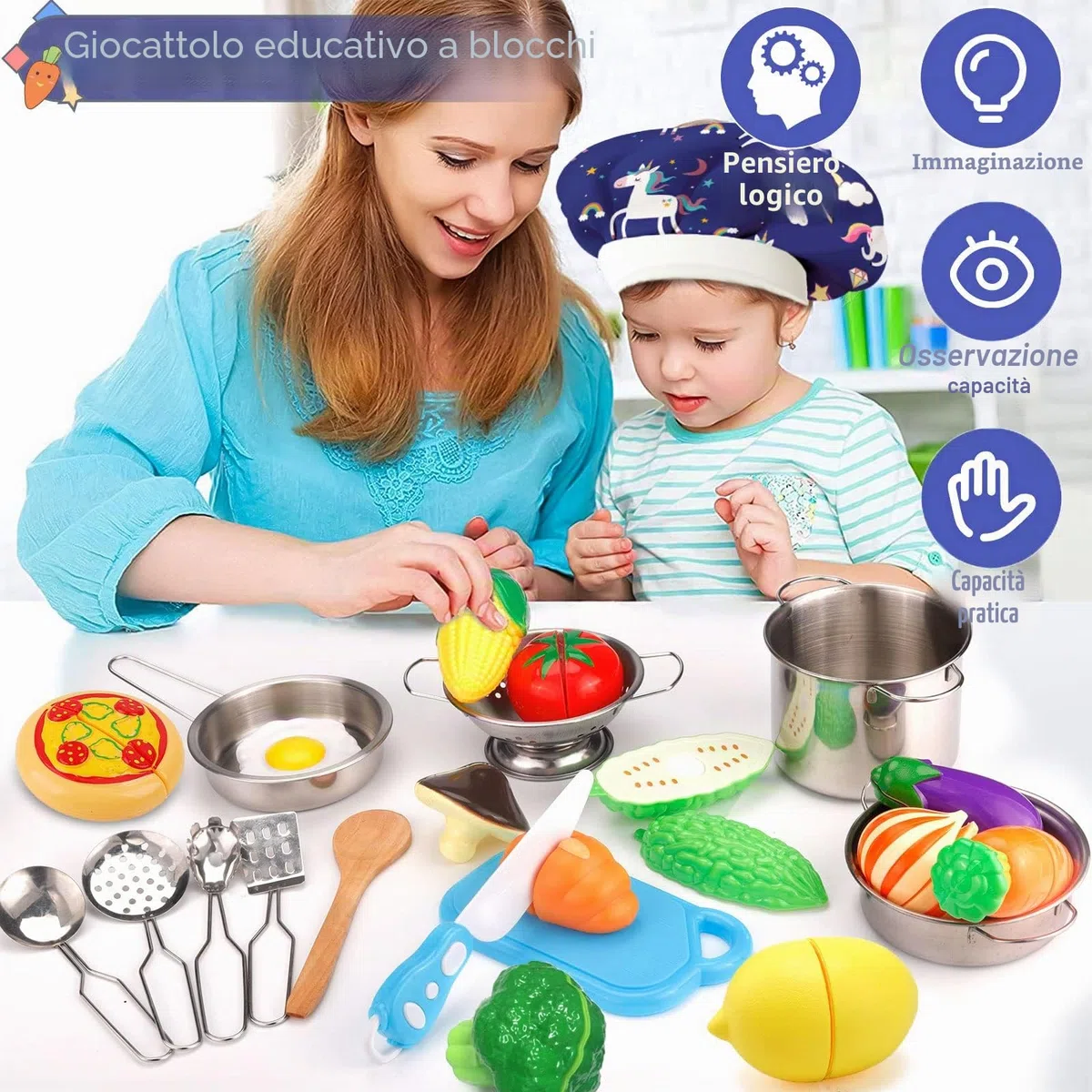 30 Pezzi Giocattoli da Cucina per Bambini, Set di Pentole e Padelle in Acciaio Inossidabile, Utensili da Cucina, Grembiule e Cappello da Cuoco