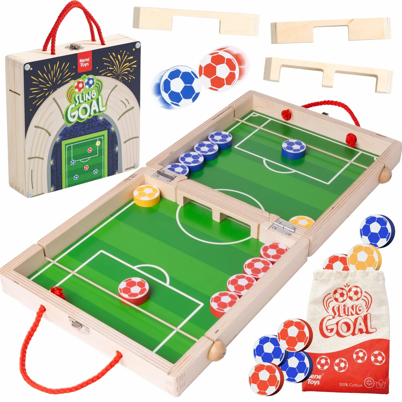 Nene Toys Sling Goal – Gioco da Tavolo Familiare per Bambini dai 4 Anni e Adulti – Stile Calcio Balilla in Legno – Gioco di Calcio da Viaggio, Interni ed Esterni – Regalo Bambino e Bambina 4–12 Anni