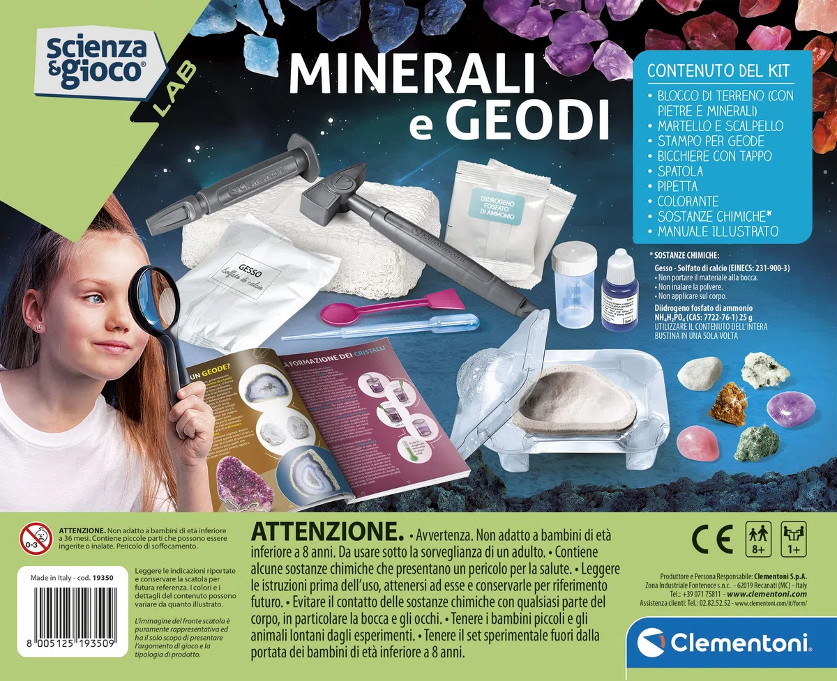 Clementoni Scienza e Gioco Lab - Minerali e Geodi, Gioco Scientifico per Bambini 8+ Anni, Set di Mineralogia con Mattone e Strumenti per Scavare, Made in Italy, Lingua Italiana, 19350