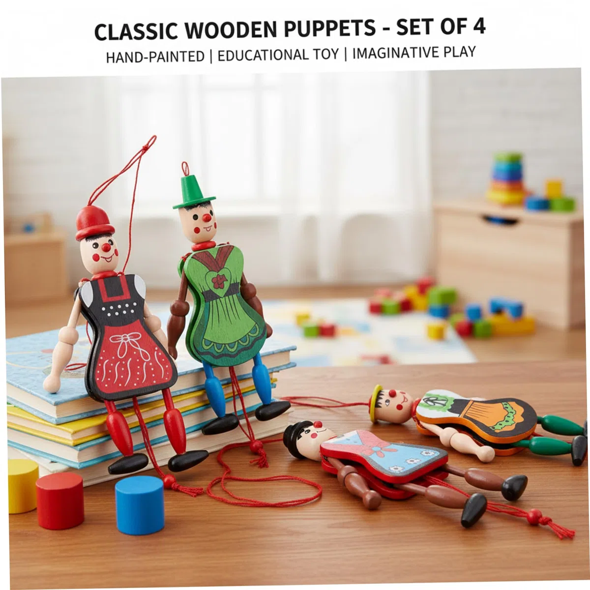 Confezione da 4 Marionette Marionette, in Legno Colorato per Bambini con Arti Mobili, Bambole in Legno Fatte a Mano per Giochi Fantasiosi, Decorazioni per Interni