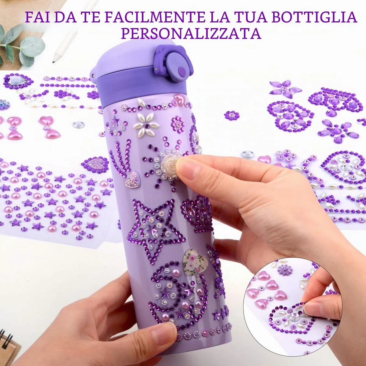 Regalo Bambina 5 6 7 8 9 10 11 Anni, Kit Borraccia Fai Da Te con Gemma Adesivi, Regali per Ragazze DIY Bottiglia D'acqua Bambini, Regali di Compleanno Ragazza 4-12 Anni, Bottiglia Termica Scuola