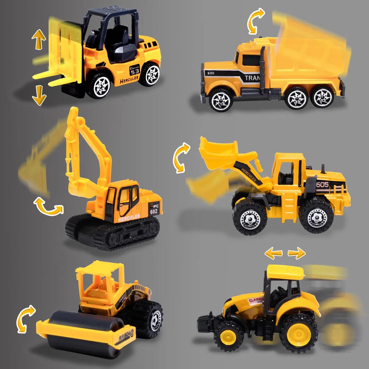 Oriate Veicoli da cantiere, set da 6 pezzi, bulldozer, carrello elevatore, escavatore e altre auto giocattolo educative per interni ed esterni, mini modelli di auto, regalo per la festa dei bambini