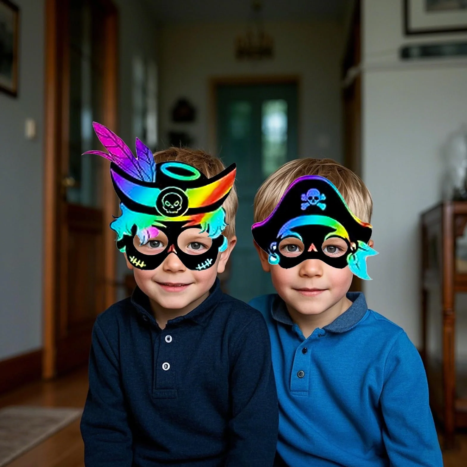 Qpout 48 maschere da graffio a tema pirata arcobaleno, per compleanni, Halloween, feste in maschera
