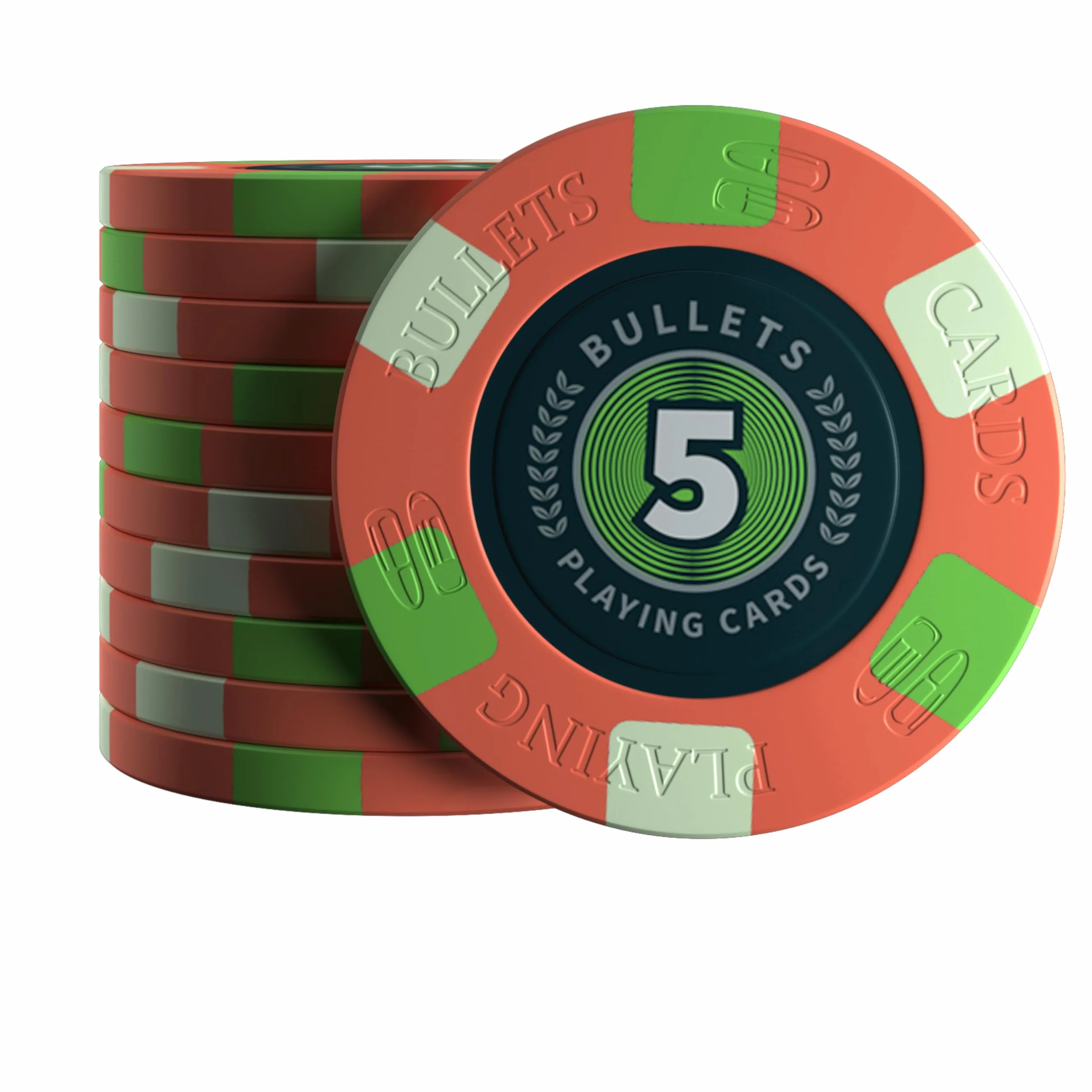 Bullets Playing Cards, 25 x chip da poker in ceramica Richie, valore 5, per set da poker, 10 g, 4 cm di diametro (rosso)