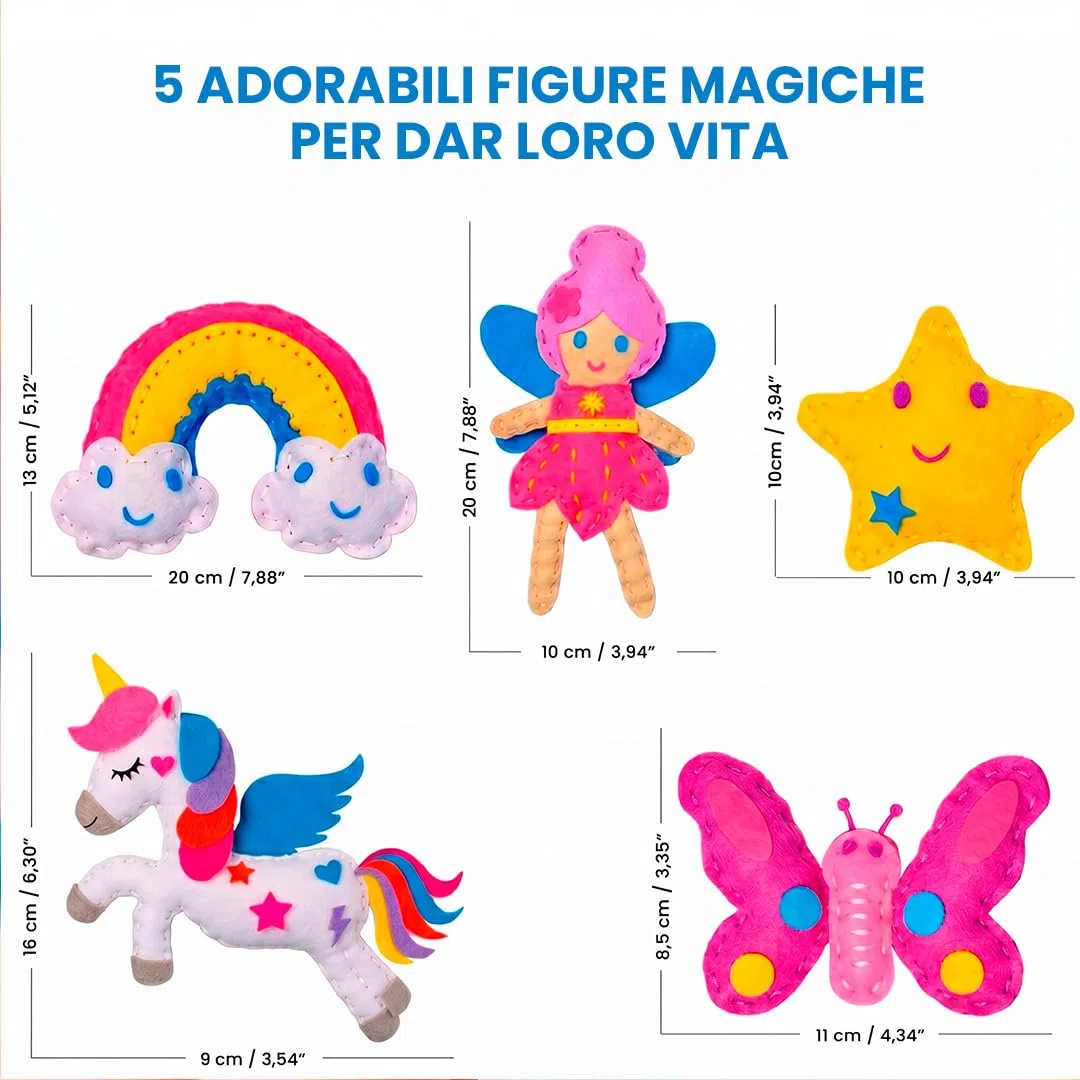 DeFieltro Fantasia – Kit Cucito Bambina con Unicorno e Fata (5 Figure) – Set Cucito Bambini Creativo – Imparare il Cucito per Bambini