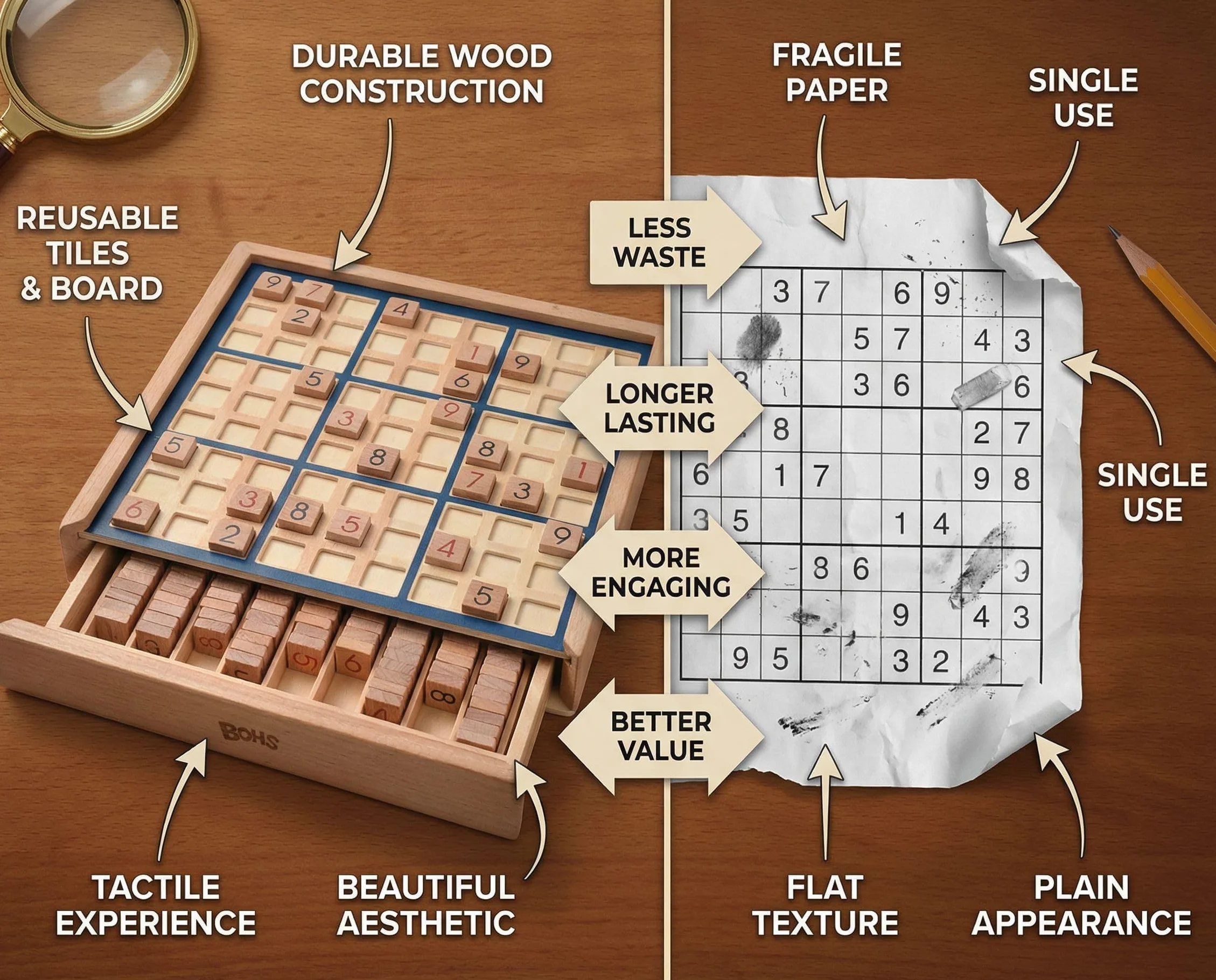 BOHS Gioco da Tavolo Sudoku in Legno con Cassetto per Adulti 100 Puzzle