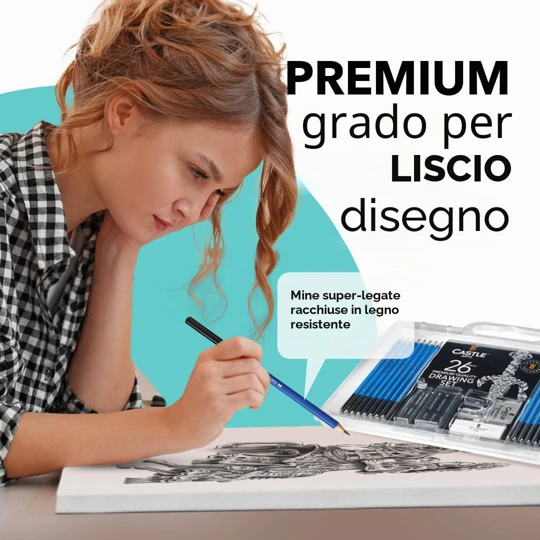 Castle Art Supplies Set 26 Pezzi per Disegno e Bozzetto | Per Artisti Principianti o Professionisti | Matite, Carboncini, Grafiti e Molto Altro | In Custodia di Trasporto a Forma di Conchiglia