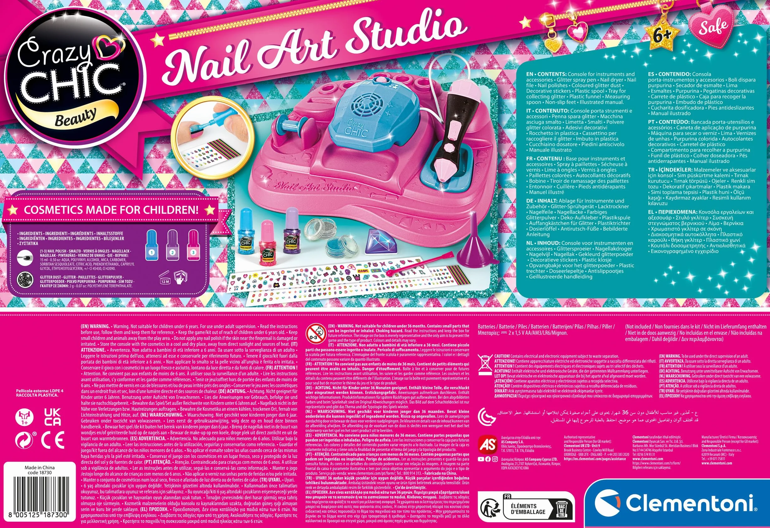 Clementoni Crazy Chic - Nail Art Studio, Set Completo per Manicure e Nail Art per Bambine di 6+ Anni, Kit Decorazione Unghie con Macchina Spara Glitter e Asciuga Smalto, Gioco Creativo, 18730