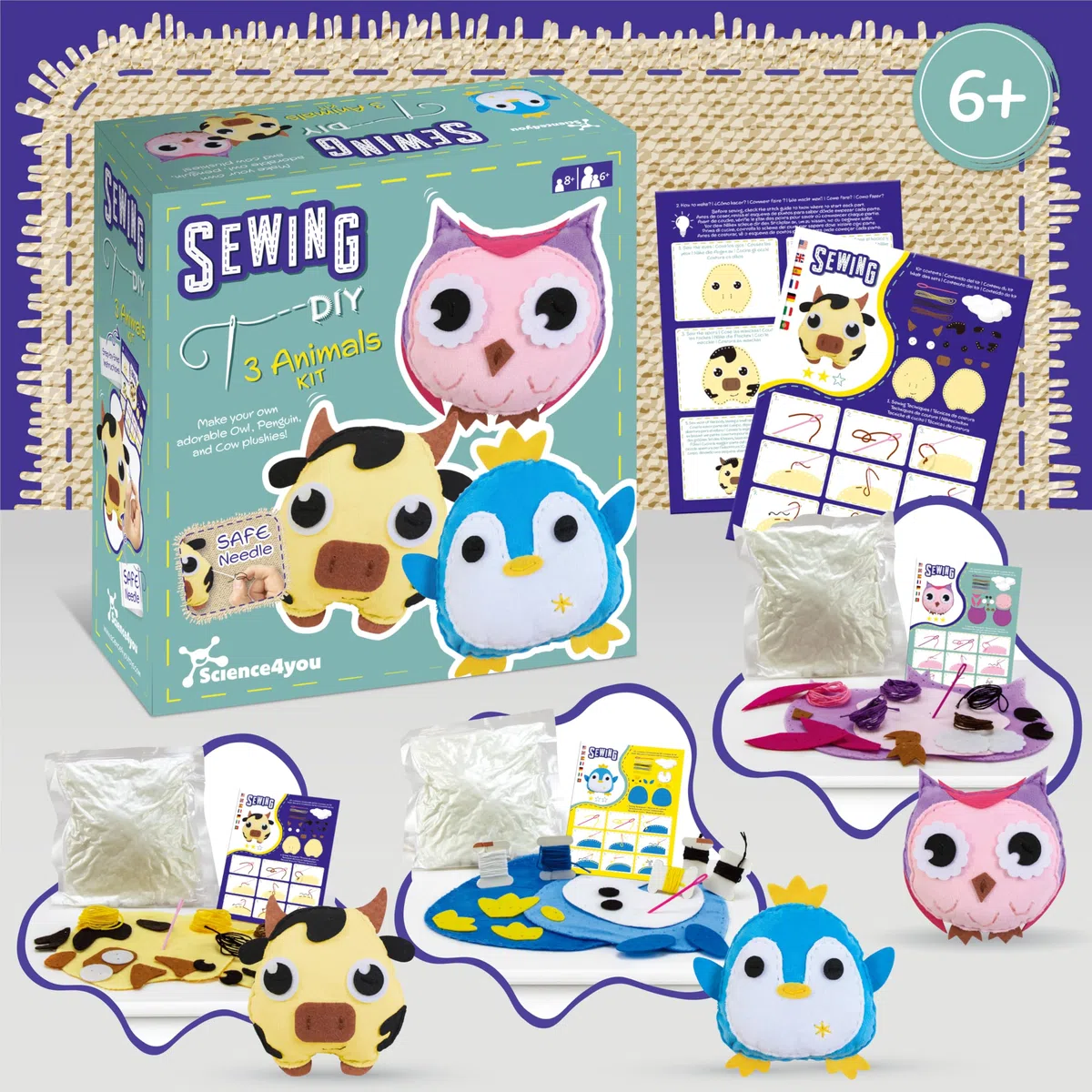 Science4you Kit da Cucito Animali per Bambini dai 6+ Anni – Crea i tuoi Peluche, Primo Kit da Cucito, Crea 3 Animali, Kit Artigianale con Ago Sicuro, Giocattolo Regalo per Bambini dai 6 7 8+ Anni