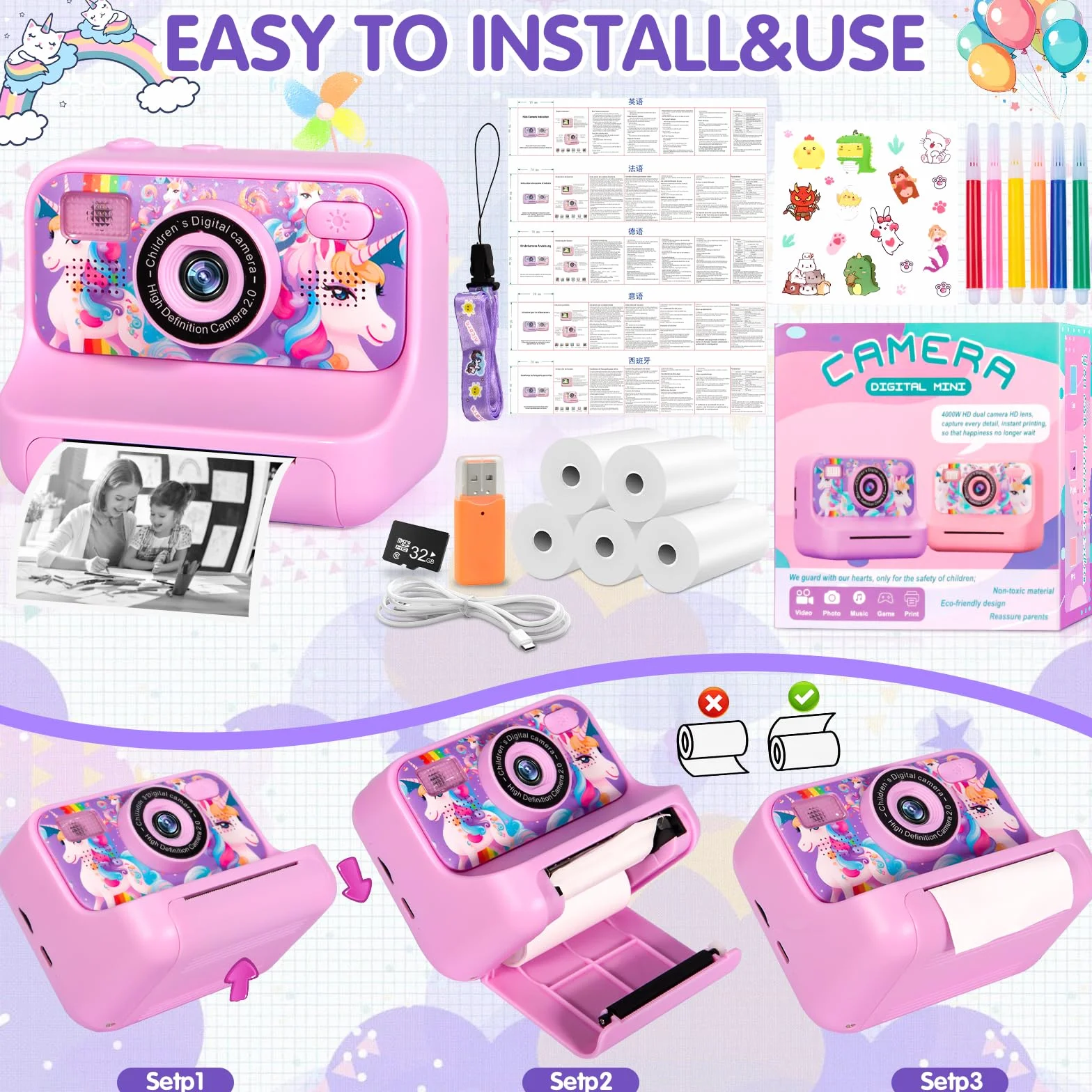 Macchina Fotografica Bambini Istantanea, Fotocamera Istantanea 2.4" 1080P Fotocamera Bambini con 32GB Schede e Carta da Stampa, Modalità Selfie e Video,Regali per Ragazzi Ragazze da 3-12 Anni