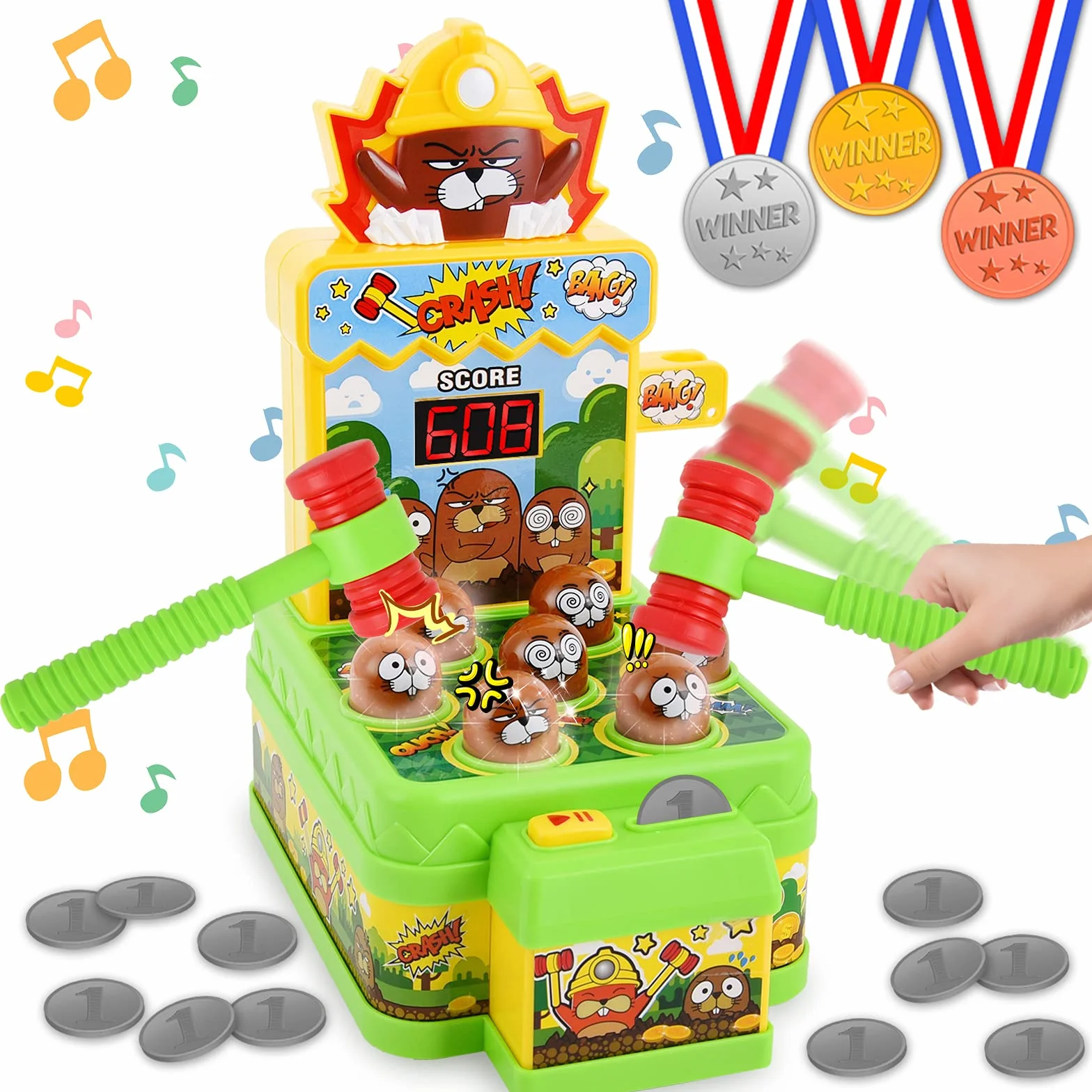 Ulikey Acchiappa la Talpa, Gioco Martellamento con 2 Martelli e 12 Monete, Talpa Giocattolo di Martellamento, Mini-Giocattolo elettronico Arcade per i Bambini di età Compresa tra 3-6 Anni