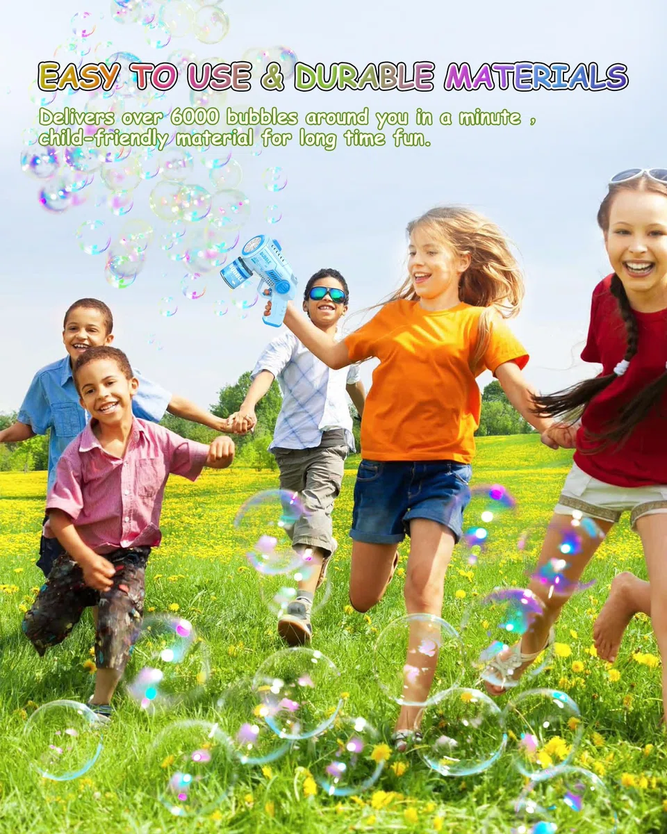 Pistola a Bolle per Bambini, Automatica Macchina di Sapone con 10 Pezzi Particella Concentrata a Bolla, 6000 + Bolle/Min, Luce LED, Estate per Festa/Spiaggia/Compleanno/Matrimonio(Blu)