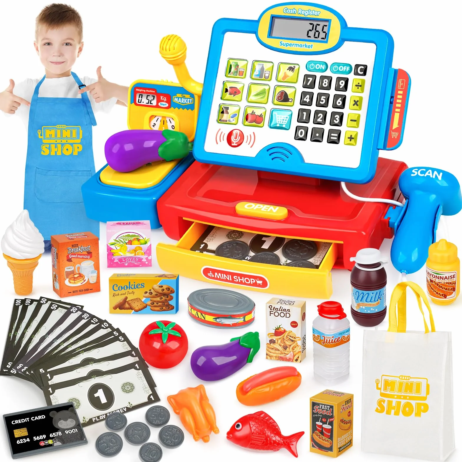 Dreamon Cassa Giocattolo per Bambini, Registratore di Cassa Supermercato Giocattolo per Bambini con Scanner Negozio Giocattoli per Giochi di Ruolo Regali di Natale per Ragazzi e Ragazze 3 4 5 6 Anni