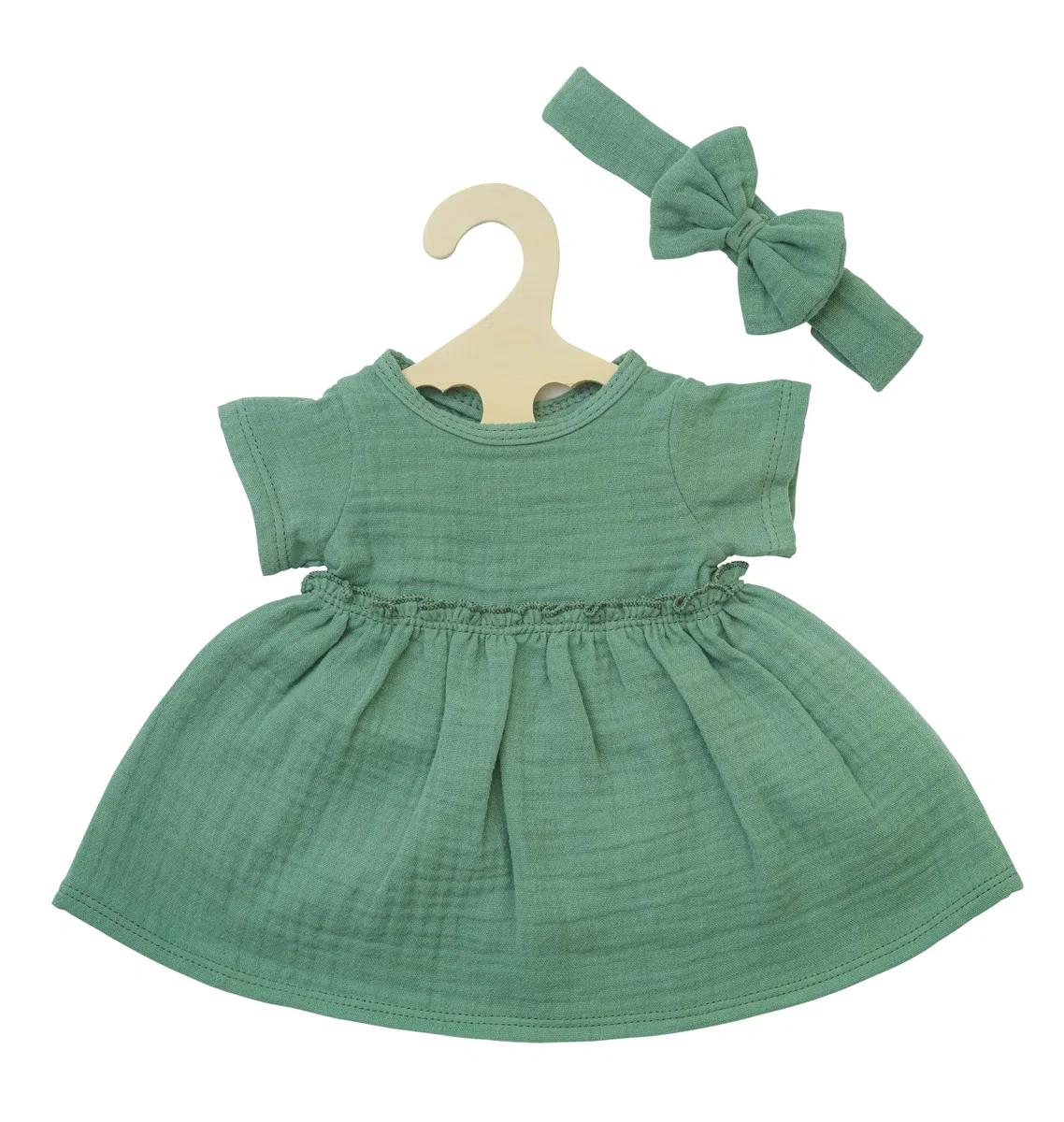 Heless 1424 - Vestiti per Bambole in 100% Cotone Biologico, Set di 2 Pezzi con Vestito e Fascia per Capelli in Verde Salvia per Bambole e Peluche di Dimensioni 28-35 cm