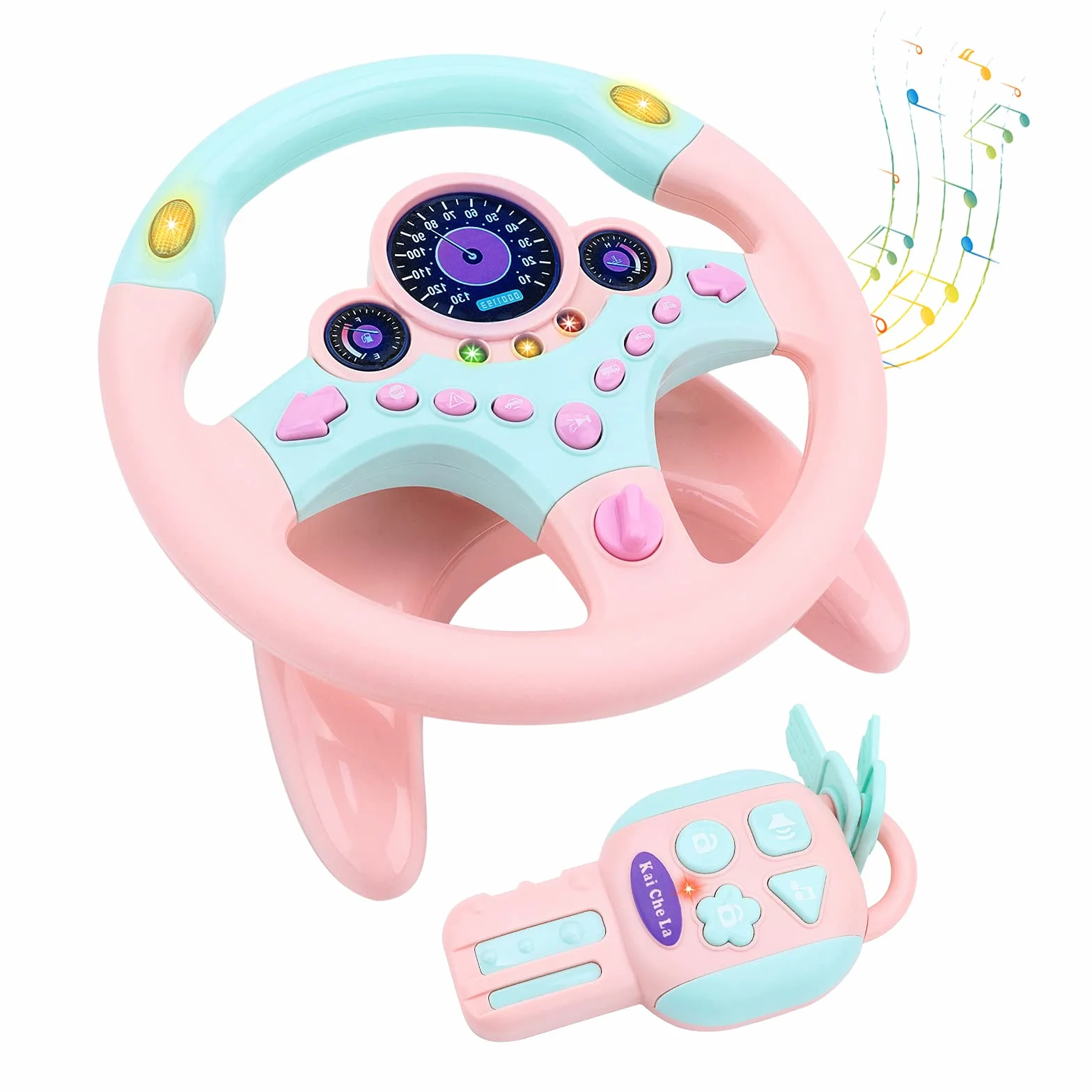 deAO Volante Auto Bambino Simulatore di Guida Bambino Volante Portachiavi con Rotazione a 360°, Funzioni sonore e Luminose (Rosa)