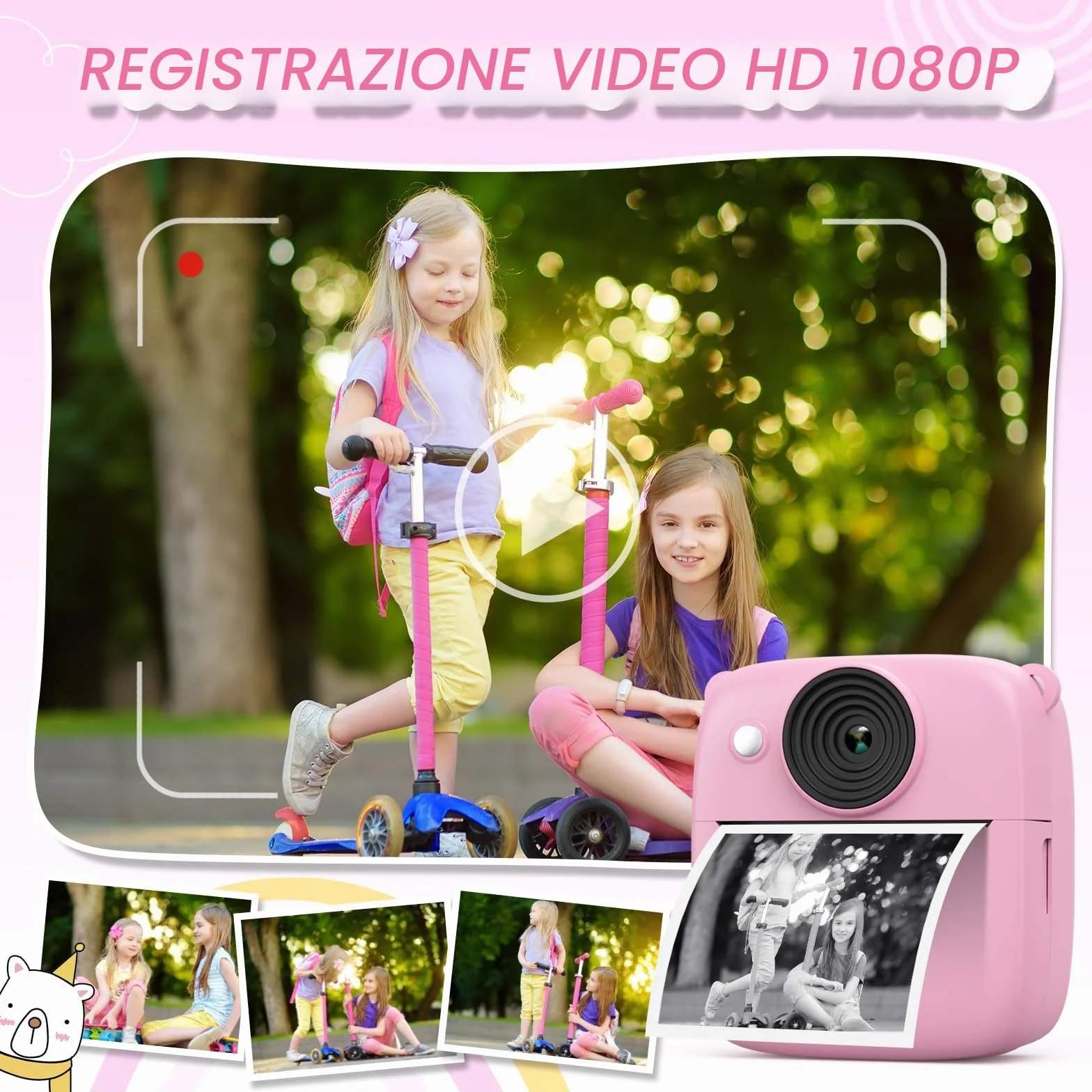 CalineGam Macchina Fotografica Bambini Istantanea, 2.0 Pollici Fotocamera Digitale Bambini con 32GB Scheda e Carta Fotografica, Regali di Natale Compleanno per 4 5 6 7 8 9 10 Ragazze Ragazzi (Rosa)