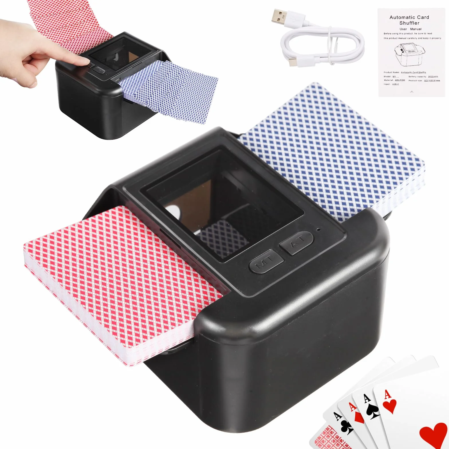 Shuffler automatico per carte da 1-2 deck, 2000 mAH ricaricabile e portatile USB di ricarica Shuffler One-Press AUTO e modalità manuale per mischiare carte per poker UNO Blackjack Skip-Bo