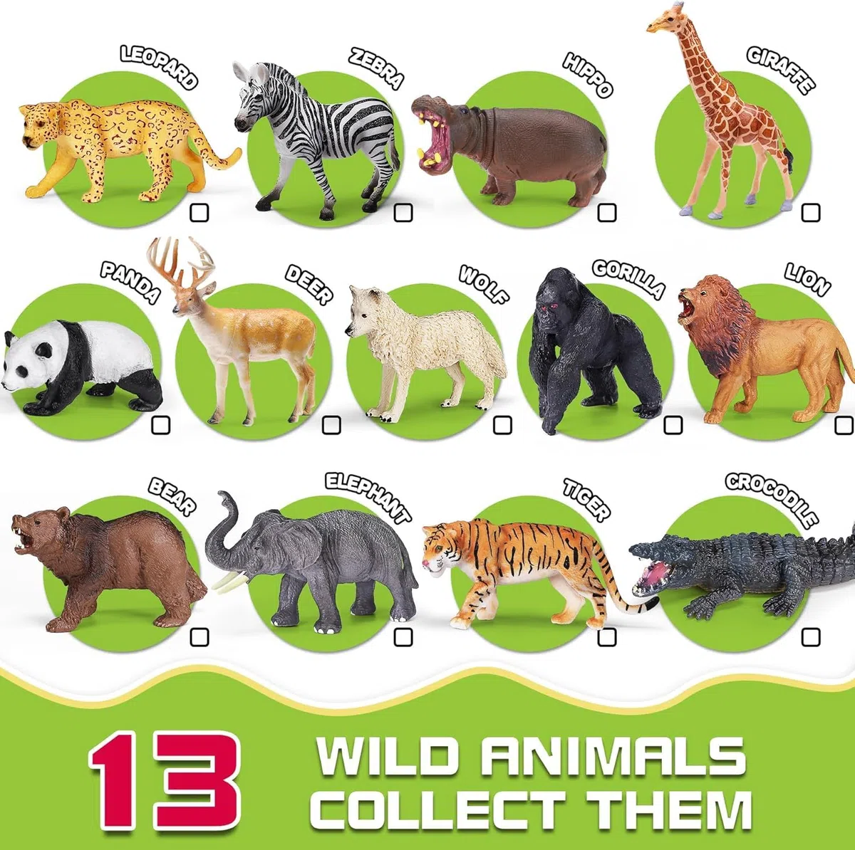 Confezione da 13 Giocattoli Animali Selvatici con Libretto Educativo e Scatola Regalo, Figure Realistiche di Animali Safari per Bambini, Figure in Plastica per Bambini 1–3 Anni, Regalo per Feste di Co