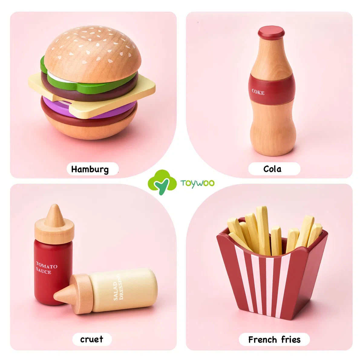Toywoo Cibo da gioco in legno per bambini Set di hamburger Fast Food ToyPlay Accessori da cucina per i più piccoli Giocattolo Cibo Regalo per Ragazzi Ragazze Giocattoli Educativi