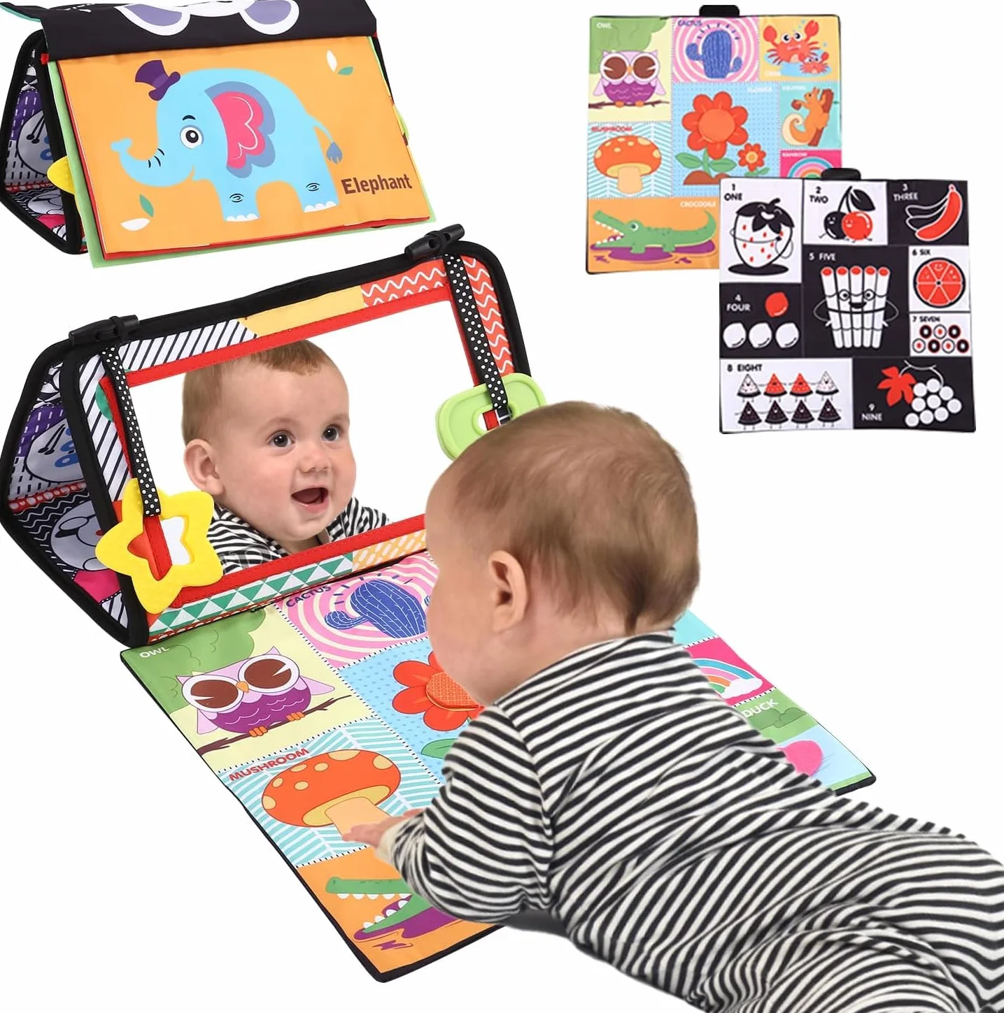 Zawaer Specchio Montessori per Bambini, Giocattoli per Specchietti,con Motivi in Bianco e Nero EA Colori, Libro Stoffa con Specchio, Giocattoli Educativi per 0-9 Mesi Ragazzo Ragazza