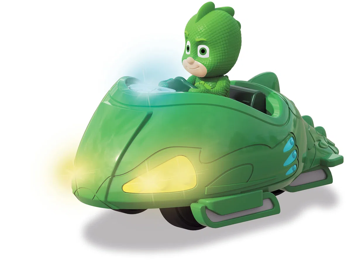 Dickie Toys PJ Masks Mission Racer Geco - Veicolo ruote libere, pressofuso, luci e suoni, riproduzione della sigla del cartone animato figura Geco, 12 cm, verde, con batterie