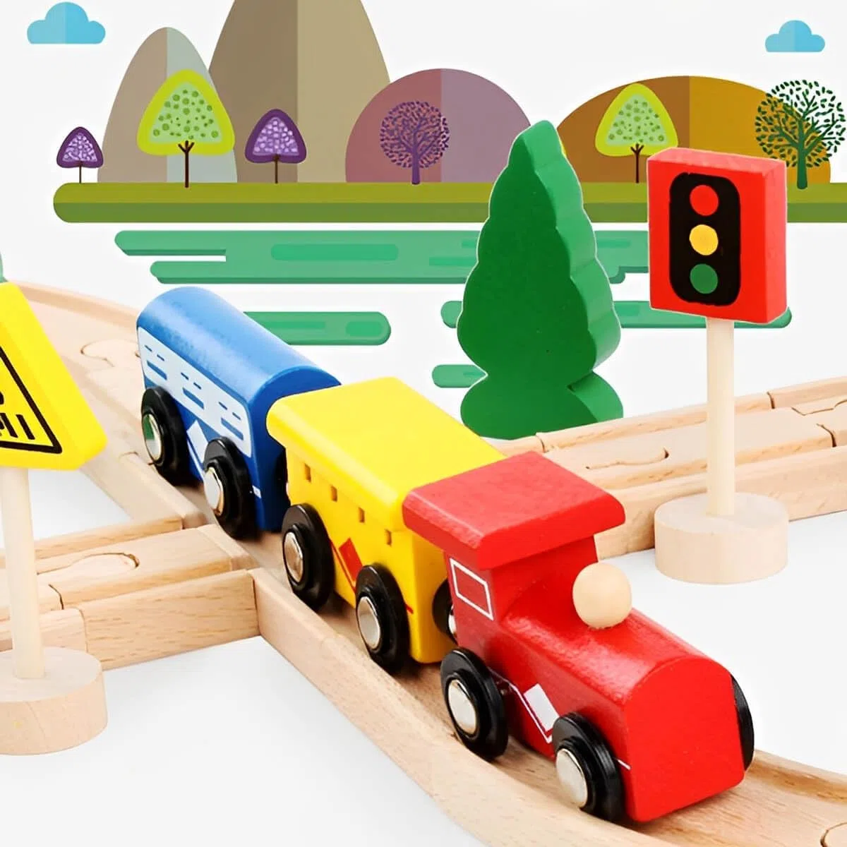 LiRiQi Pista Treno in Legno, 33 pezzi Giocattolo per ferrovia in legno per bambini, Pista Macchinine giochi, Pista Trenino Legno Creativo, Giocattolo Educativo Rgali per ragazze ragazzi 3 4 5 6 anni