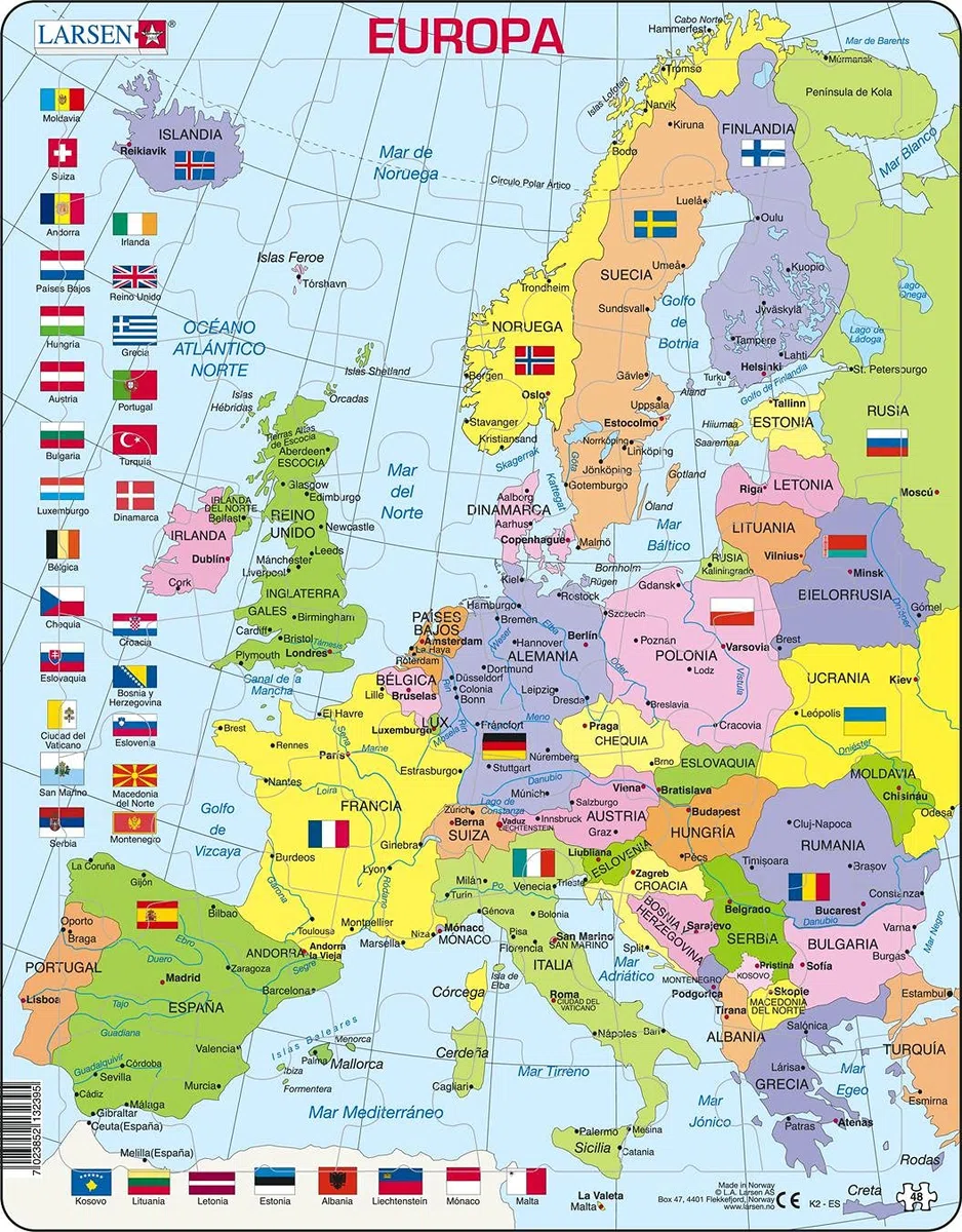 Larsen K2 Mappa politica dell'Europa, edizione Spagnolo, Puzzle Incorniciato con 48 pezzi