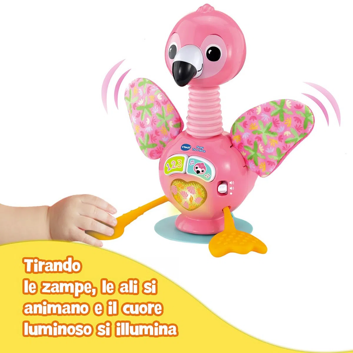 VTech Fenny, Tira e Gioca, Fenicottero Interattivo Sensoriale con Luci e Suoni per Bambini, Gioco Neonato Sensoriale con Base con Ventosa per Stabilità, Lingua Italiana, Batterie Incluse, 3-24 Mesi