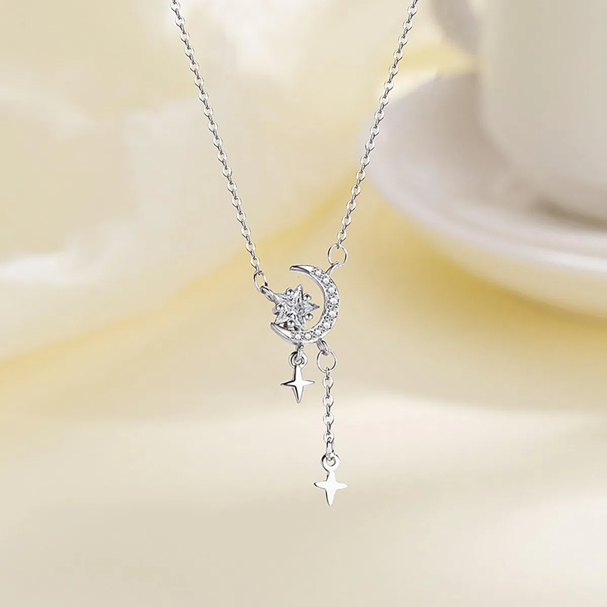 Collana Donna Ciondolo Luna e Stelle Collana in Argento 925 per Donna Bambina Ragazza Pendente Luna Crescente Zirconi Pendente Stella Cristalli Brillantini Gioielli