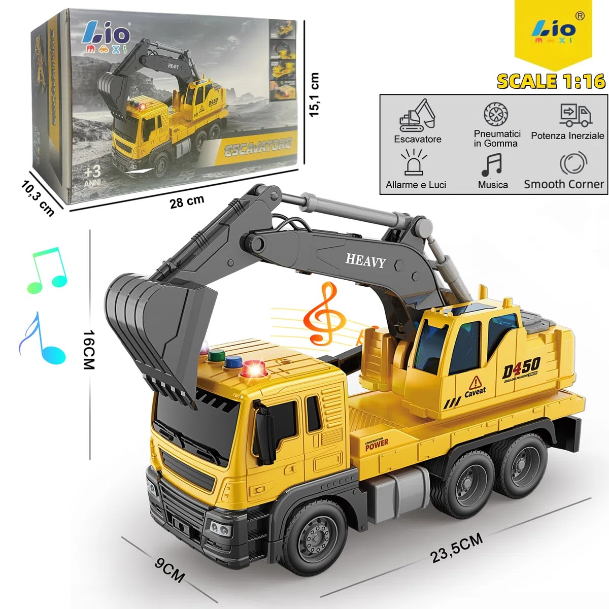 Scala 1:16 Escavatore, Escavatori Grande camion Giocattolo con Luci e Suoni Funzione, Veicoli da cantiere Giocattolo Regalo per Bambini 3 4 5 6 Anni