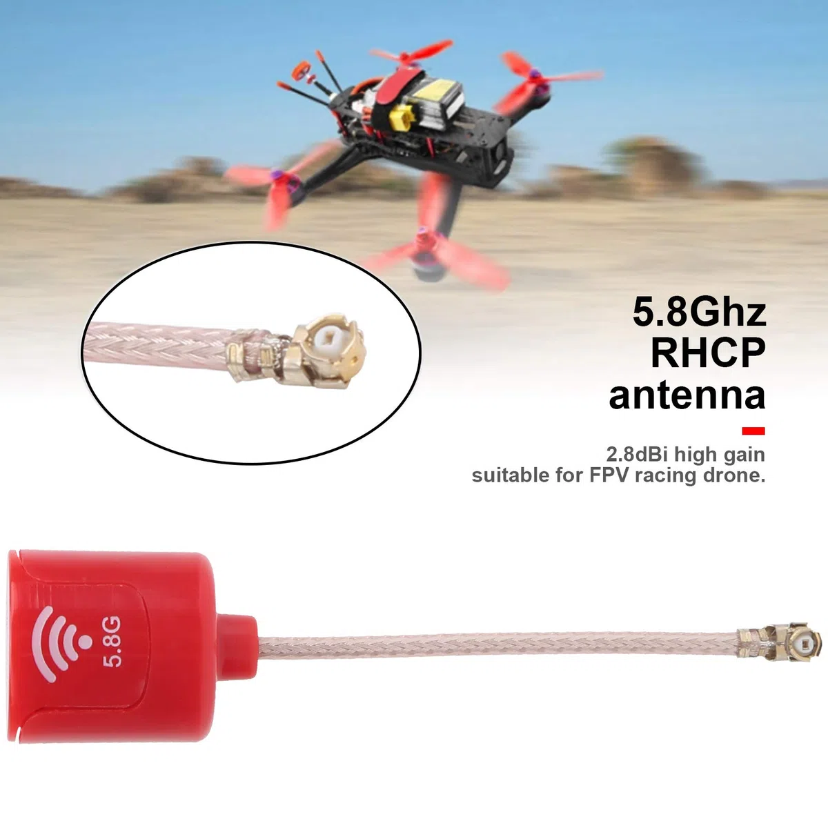 Antenna RHCP da 5,8 Ghz, Antenna a lungo raggio da 2,8 dBi, Interfaccia UFL ad alto guadagno Antenna lunga per aerei RC FPV (Rosso)