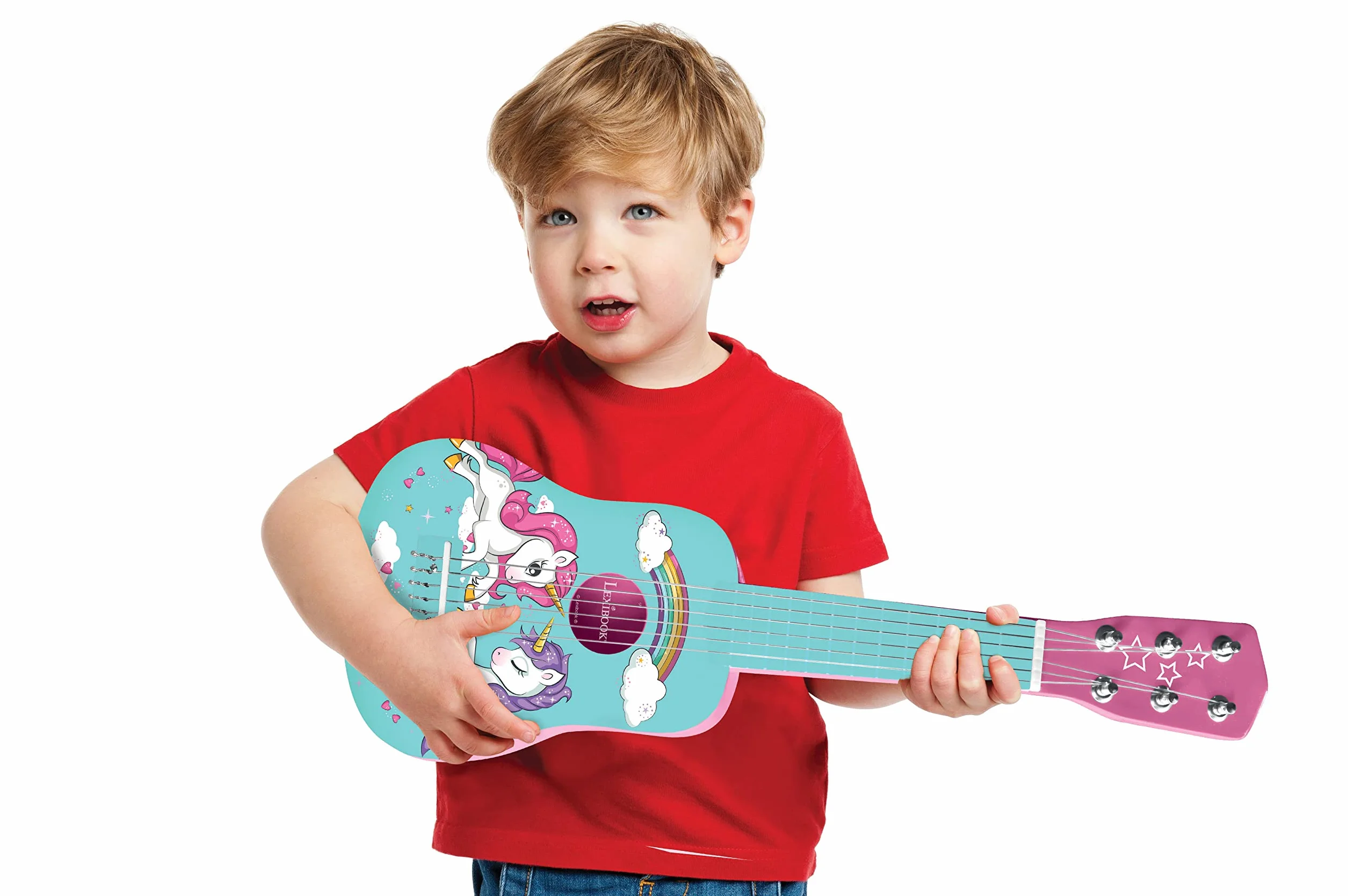 Lexibook, Unicorno, La mia prima chitarra in legno, 6 corde, 53 cm, manuale incluso, rosa/blu, K205UNI