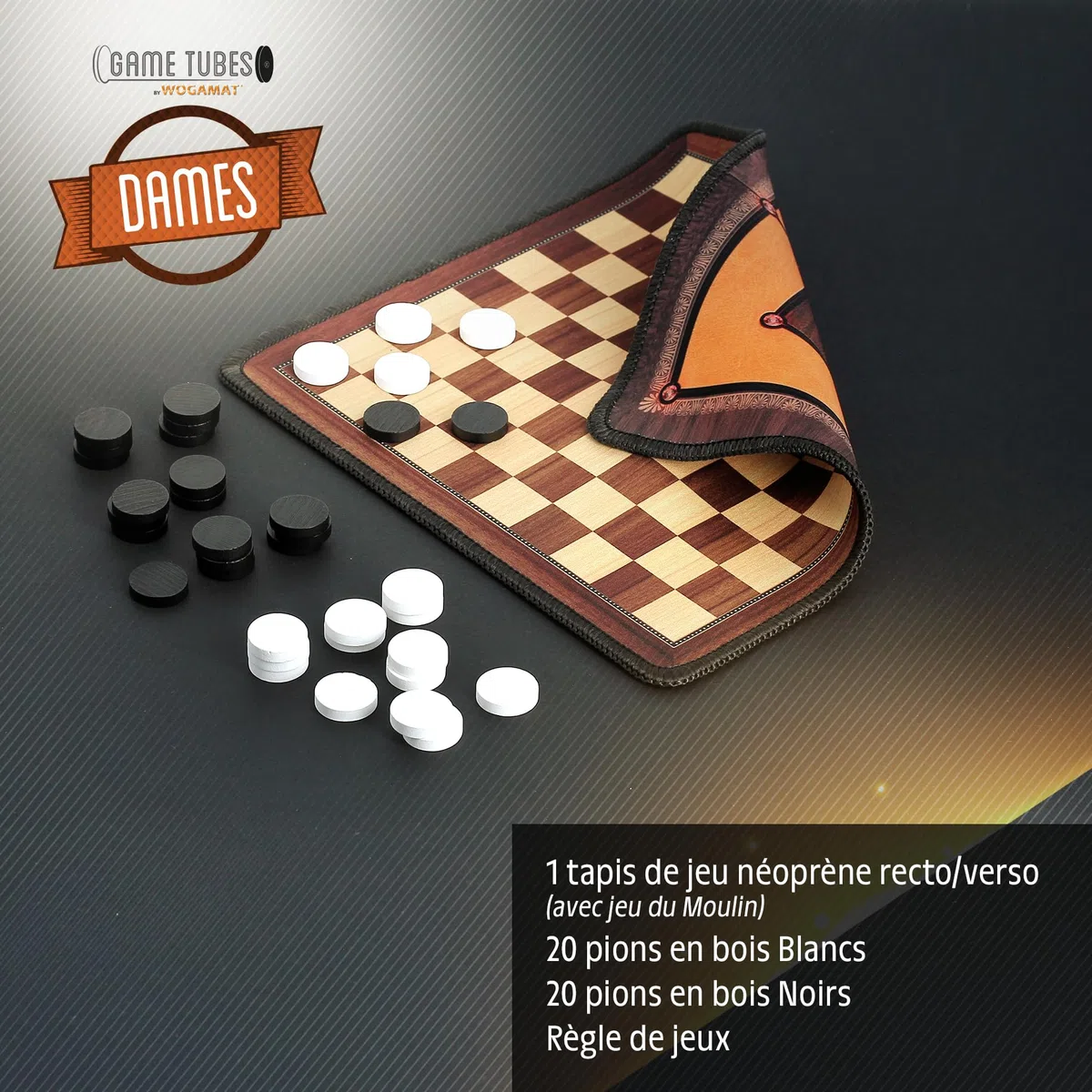 WOGAMAT - Game Tubes Ladies - Kit completo per gioco di signore - Doppio lato in neoprene, scacchiera da donna sul lato anteriore, mulino sul retro + 40 pedine in legno + libretto regole