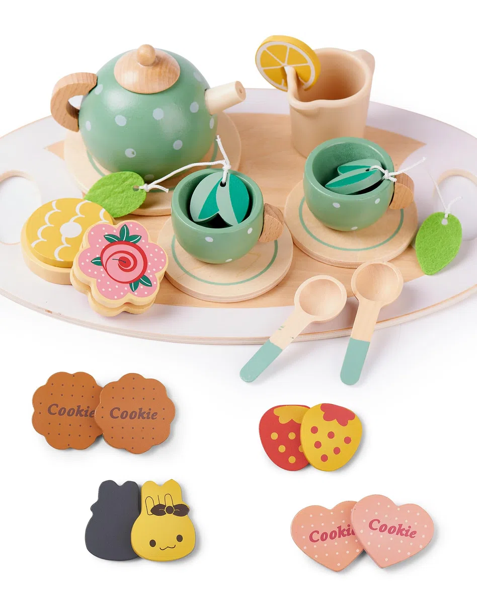 Set da Tè Giocattoli in Legno per Bambini 3-7 Anni Cucina Giocattolo Tea Party Educativi Montessori Gioco di Imitazione per Ragazze Regalo Compleanno Pasqua Halloween Natale per Bambina 3 4 5 6 Anni