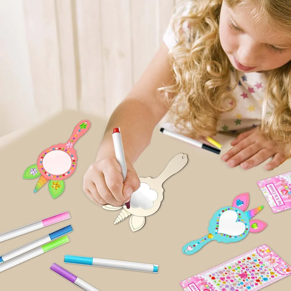 Unicorno Specchio in Legno Fai da Te 12 Pezzi Kit Lavoretti Creativi per Bambini Mini Specchio a Mano con Manico per Ragazze