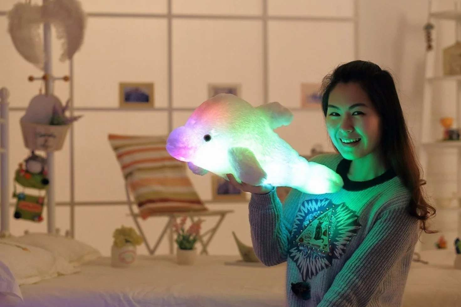 7 cambi di colore LED Lighten Giocattolo farcito con i delfini Cuscino peluche Luce notturna (Blu, 45cm)