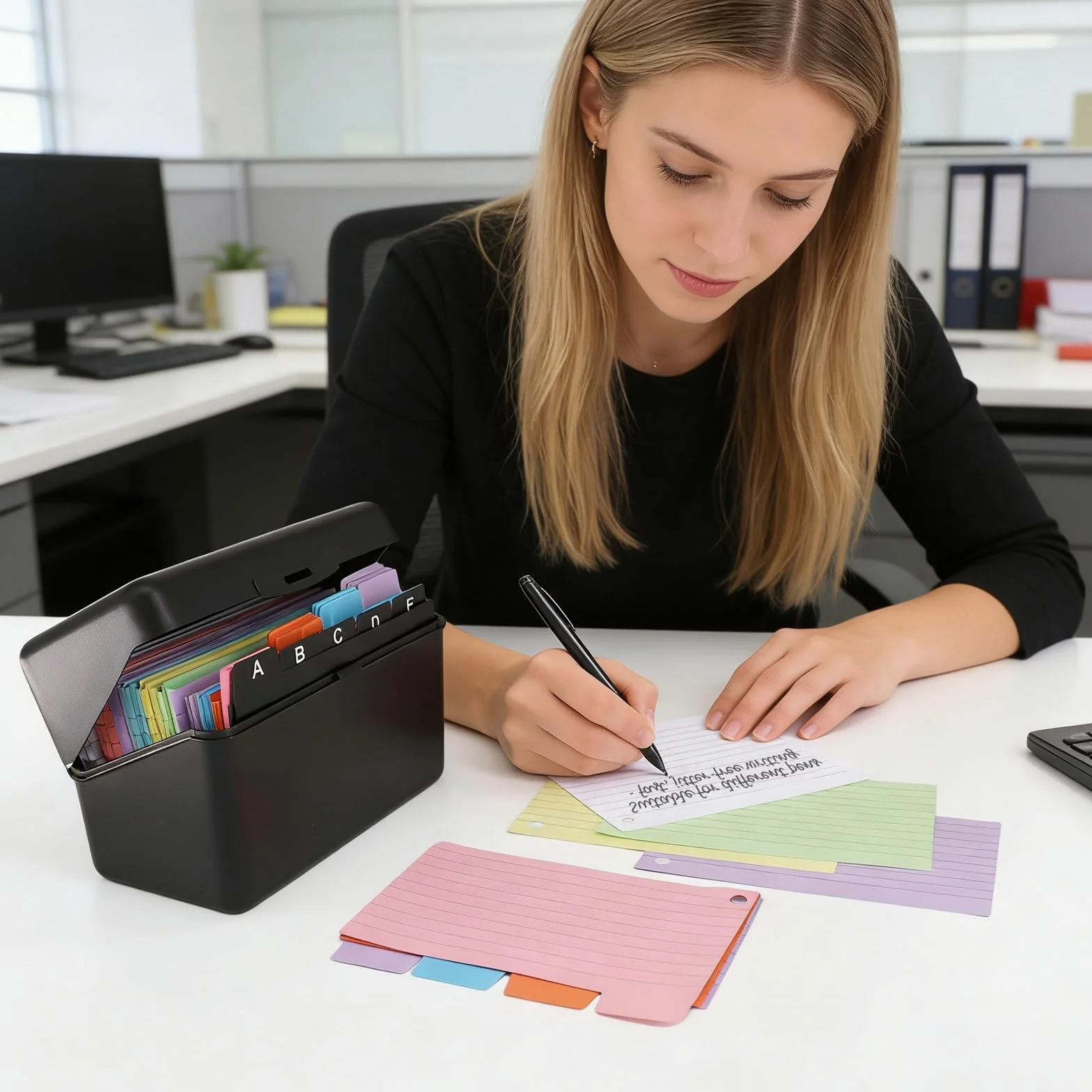 Scatola per Flashcards Nera con 400 Cartoncini Colorati A6, Schede Forate a Righe, 6 Anelli Metallici e Schede Indice A-E, Ideale per Appunti per Ufficio, Scuola, Casa Studio Appunti
