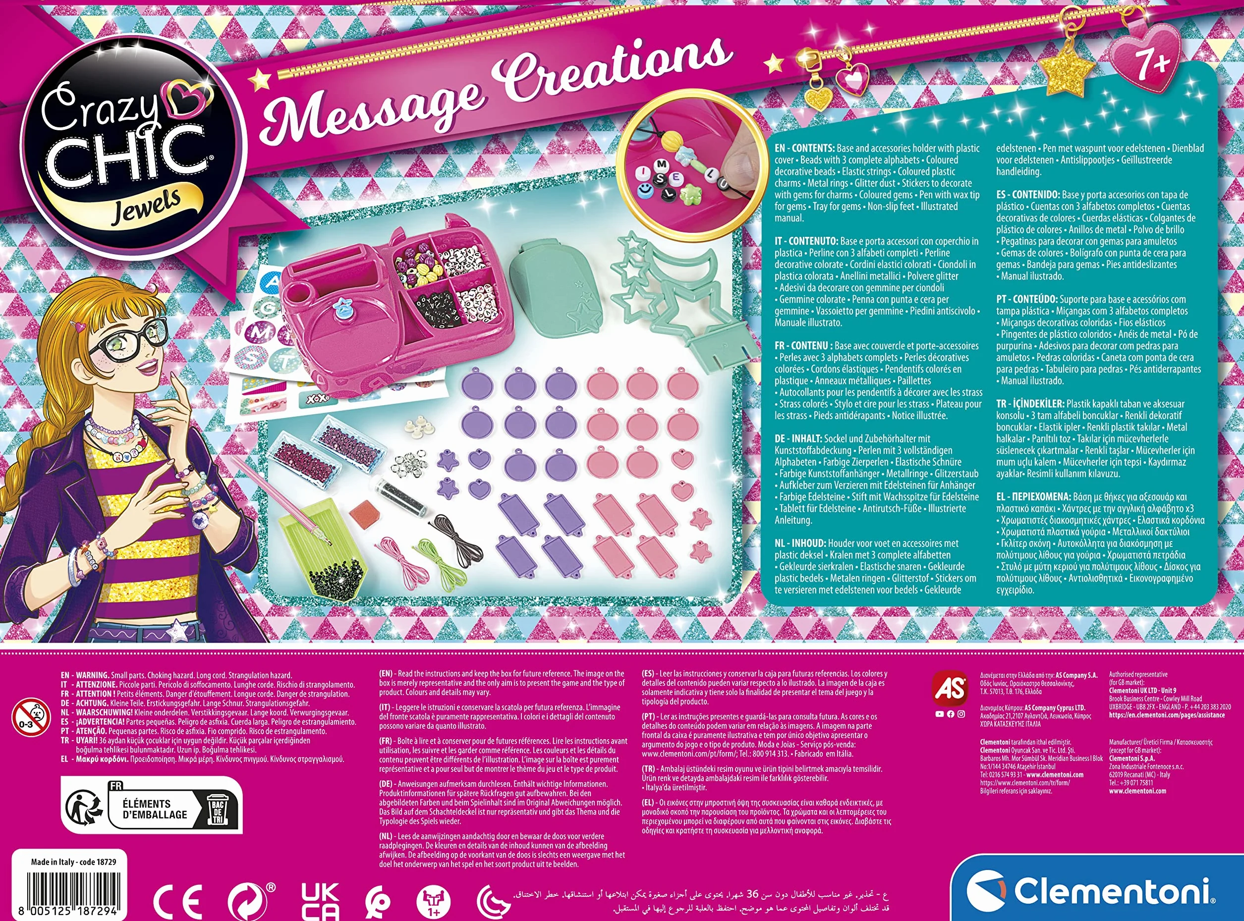 Clementoni Crazy Chic - Message Creations, Giochi Creativi Bambini 7+ Anni, Kit Creativo per Realizzare Braccialetti e Collane Personalizzati con Lettere, Perline e Gemme, Made in Italy, 18729