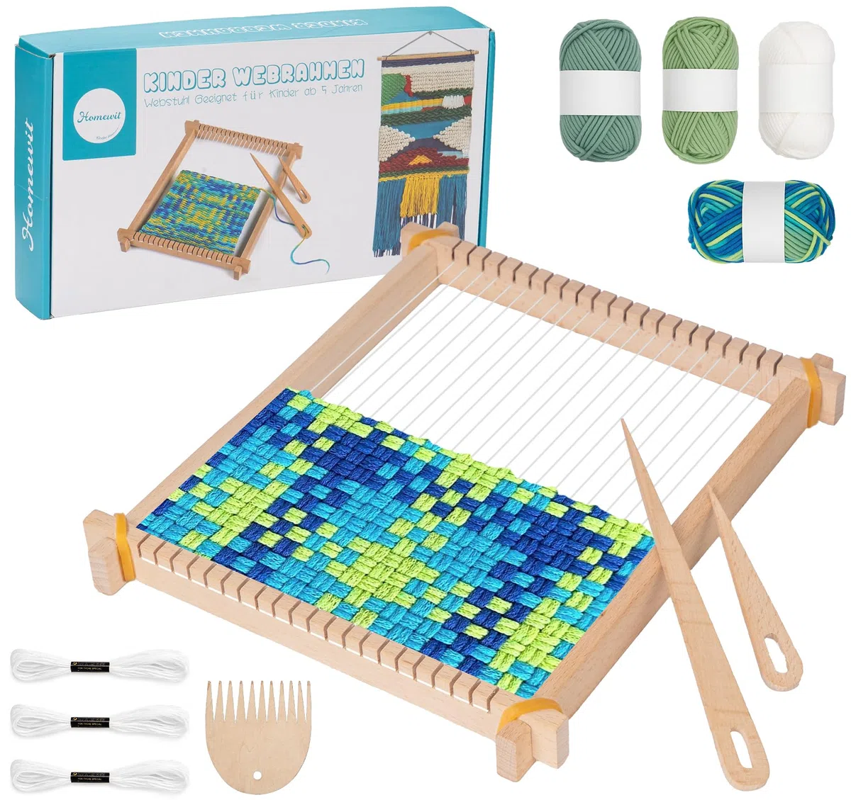 Homewit Cornice in tessuto per bambini dai 6 anni, fai da te in legno, per bambini, 24 x 28 cm, con istruzioni e filato, set di telai di alta qualità per adulti, bambini e principianti